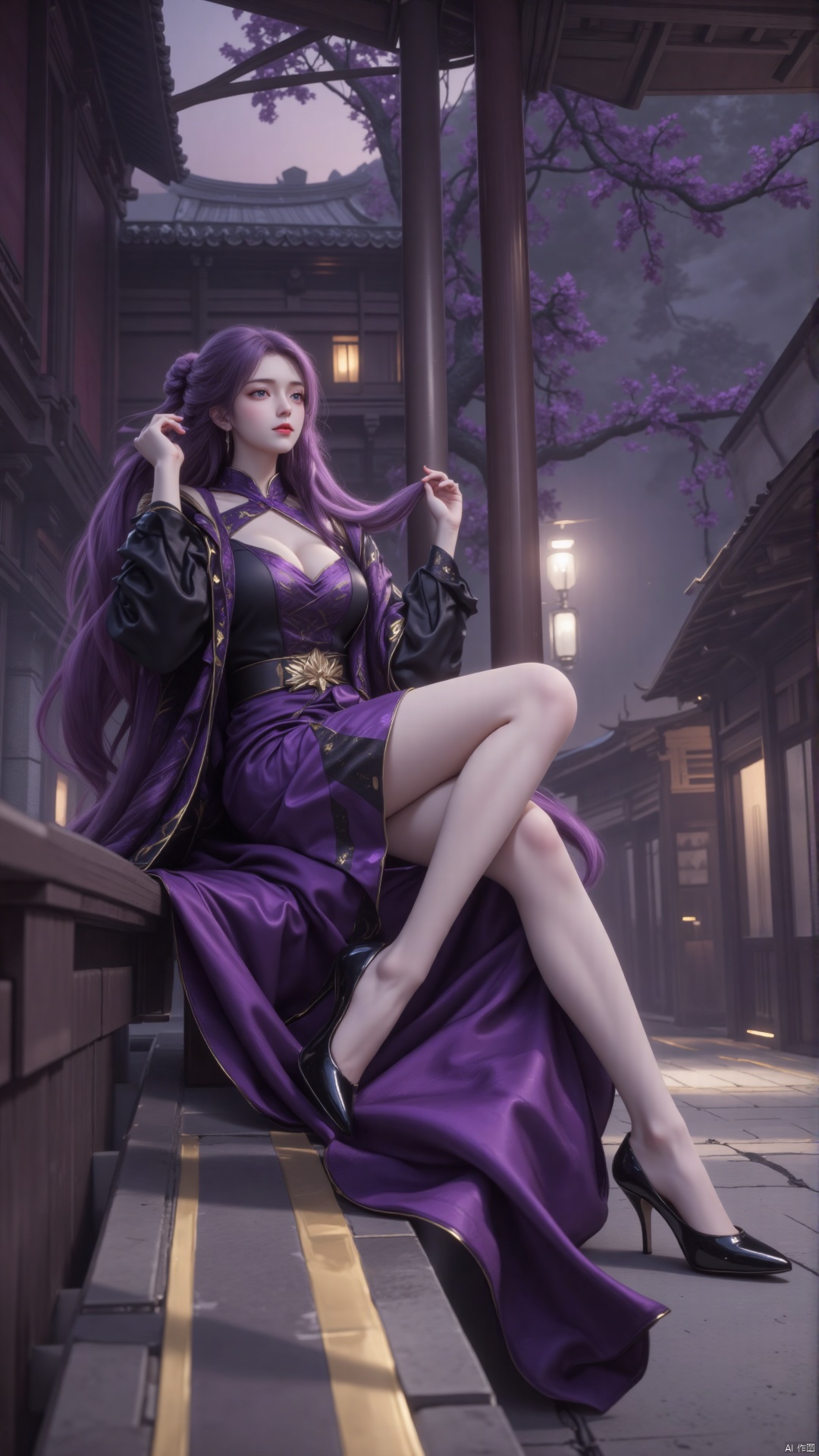 The image shows a 3D rendering of a character. Here is a detailed description of each element in the image:

Image quality:


• The image has high resolution and fine detail processing, showing high-quality 3D rendering effect.

• The character's skin, clothing and background textures are all very delicate, with realistic light and shadow effects.

color:


• The character's hair is purple, echoing the dark purple and black of the costume, and the overall color combination is harmonious.

• The background color is brighter.

Creative style:


• Character designs are modern and stylish, with refined facial features and elegant body proportions.

• The clothing design is fashionable, with purple and black cheongsam paired with high heels, adding visual appeal.

Light, shadow and layout:


• The light is soft and the main light source appears to be coming from the right, illuminating the face and body of the figure while also creating soft shadows in the background.

• In terms of layout, the character is sitting on the railing of a park promenade with antique Chinese buildings and trees in the background. The overall composition is balanced and the visual focus is on the characters.

Character action poses:


• The figure sits elegantly with legs crossed, one hand gently placed behind the head, the other hand hanging naturally between the legs, legs extended, and the posture relaxed.

• The character has a calm expression and looks straight ahead, giving a sense of confidence and calmness.

Hair style and clothing:


• The character’s hairstyle is long and the purple hair hangs down naturally, adding to the character’s femininity.

• The costume is a purple and black cheongsam, the overall design is fashionable and feminine.

• Wearing black high heels adds to the elegance of the character.

Overall, the image creates an elegant and mysterious atmosphere through high-quality 3D rendering, harmonious color matching, soft lighting, and elegant character poses. Shot from a low angle, the background is blurred, and the pose is dynamic. Shot from a bottom perspective, the angle is very low.