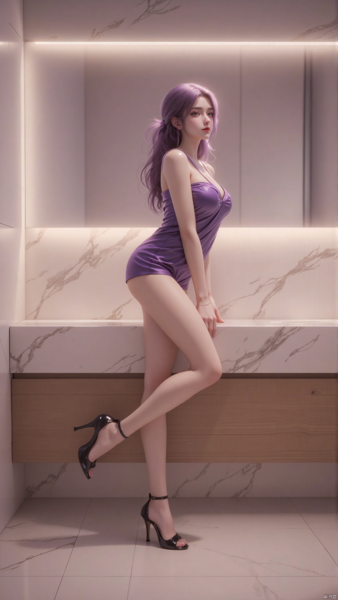 The picture shows a 3D rendering of a character. The following is a detailed description of the elements in the picture:


• Image quality:

• The image has high resolution and fine detail processing, showing high-quality 3D rendering effect.

• The characters’ skin, clothing and background textures are all very delicate, and the light and shadow effects are realistic.


• Color:

• The character's hair is purple, echoing the purple of the costume, and the overall color combination is harmonious.

• The background tones are softer, mainly light, creating a warm and elegant atmosphere.


• Creative style:

• Character designs are modern and stylish, with refined facial features and elegant body proportions.

• The clothing design is fashionable. The purple dress is paired with black high heels, which increases the visual appeal.


• Light and layout:

• The light is soft and the main light source appears to be coming from the left, illuminating the face and body of the figure while also creating soft shadows in the background.

• In terms of layout, the character stands in the center of the picture. The background is an indoor washbasin. The countertop is a white marble structure with a wooden baffle underneath. There is a large mirror on the table. The overall composition is balanced and the visual focus is on the character. Bright picture quality with blurred background.


• Character actions:

• The character stands with his back against the sink, one hand gently placed on the sink, and the other hand hanging down naturally, with a relaxed posture. Put your legs together, bend your left leg slightly, and straighten your right leg. Show bare legs, long legs, and beautiful legs.

• The character's expression is calm and his eyes are looking straight ahead, giving a sense of confidence and calmness.


• Hairstyle and clothing:

• The character's hairstyle is long, and the purple hair hangs naturally, adding to the character's feminine temperament.

• The costume is a purple dress, the overall design is fashionable and feminine. Her huge breasts barely fit under her clothes.

• Wearing black high heels on the feet adds to the elegance of the character.

Overall, this image creates an elegant and warm atmosphere through high-quality 3D rendering, harmonious color matching, soft light and elegant character postures. Extreme low angle, bug eye shot, low angle shot, shot from front and below, view from above. Dynamic poses.