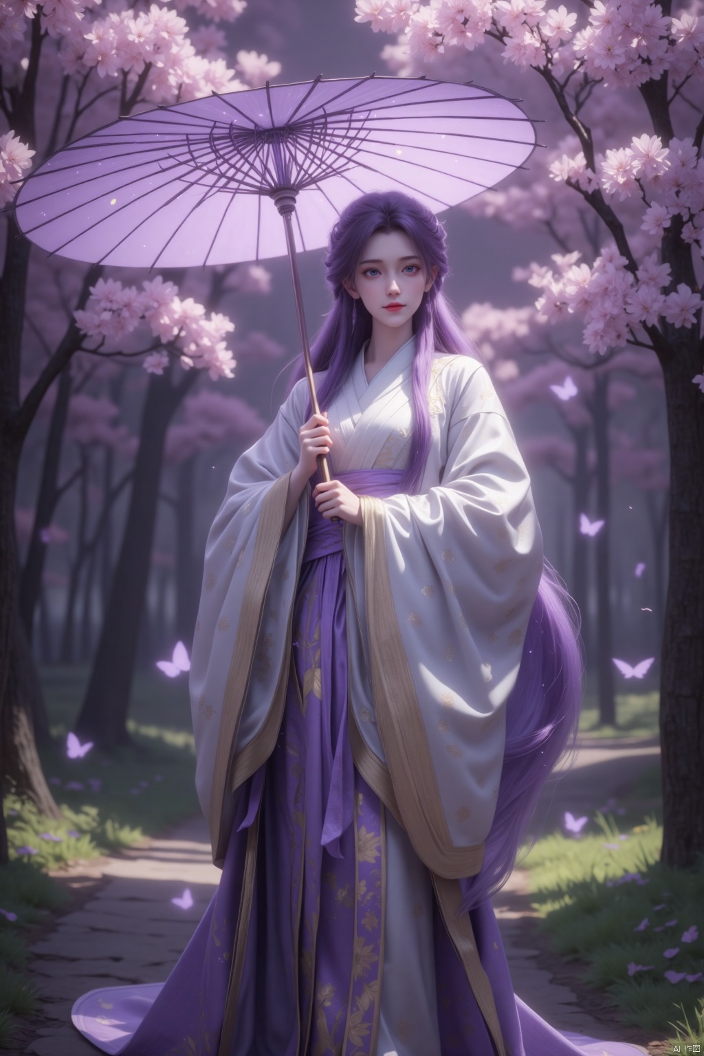 The picture shows a 3D rendering of a character. The following is a detailed description of the elements in the picture:


• Image quality:

• The image has high resolution and fine detail processing, showing high-quality 3D rendering effect. High brightness, background blur, low angle shooting, dynamic poses.

• Characters’ clothing, hair, and elements such as plants and butterflies in the background have clear textures and details.


• Color:

• The character's hair is purple, echoing the purple and white of the costume. The overall color combination is harmonious and dreamy.

• The background color is softer, mainly purple and green, creating a peaceful and mysterious atmosphere.


• Creative style:

• Character design is in an Eastern classical style, with refined facial features and elegant body proportions.

• The costumes are designed with features of traditional attire such as wide sleeves and intricate embroidery, adding to the visual appeal.


• Light and layout:

• The light is soft and the main light source appears to come from above, illuminating the face and body of the figure while also creating soft shadows in the background.

• In terms of layout, the character stands in the center of the picture, with blooming purple flowers and trees in the background. The overall composition is balanced, and the visual focus is on the character.


• Character actions:

• The figure stands, holding a purple umbrella, with an elegant posture.

• The character's expression is calm and his eyes are looking into the distance, giving a sense of tranquility and deep thought.


• Hairstyle and clothing:

• The character's hairstyle is long, with purple hair hanging naturally and decorated with flowers, which adds to the character's feminine temperament.

• The costume is a traditional robe, mainly white and purple, with gold embroidery. The overall design is elegant and classically beautiful.

• The purple umbrella held by the character echoes the color of the costume, adding to the overall feel of the picture.

Overall, this image creates a tranquil and dreamy atmosphere through high-quality 3D rendering, harmonious color matching, soft light and elegant character postures.