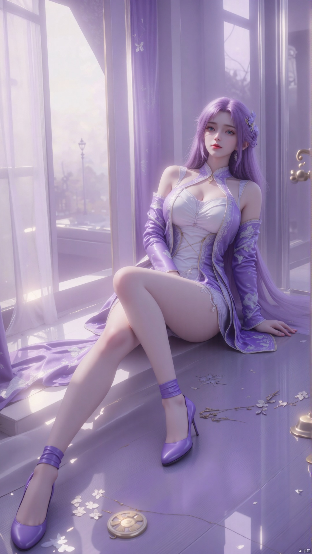 The picture shows a 3D rendering of a character. The following is a detailed description of the elements in the picture:


• Image quality:

• The image has high resolution and fine detail processing, showing high-quality 3D rendering effect.

• The characters’ skin, clothing and background textures are all very delicate, and the light and shadow effects are realistic.


• Color:

• The character's hair is purple, echoing the purple and white of the costume, and the overall color combination is harmonious.

• The background colors are softer, mainly light purple and white, creating a dreamy and elegant atmosphere.


• Creative style:

• Character designs are modern and stylish, with refined facial features and elegant body proportions.

• The clothing design is fashionable, with purple and white dresses paired with lace trim, adding to the visual appeal.


• Light and layout:

• The light is soft and the main light source appears to be coming from the left, illuminating the face and body of the figure while also creating soft shadows in the background.

• In terms of layout, the character is sitting on the windowsill, with windows and curtains in the background. The overall composition is balanced and the visual focus is on the character.


• Character action poses:

• The character is lying lazily on the ground, the ground is as reflective as glass, his legs are crossed, one hand is resting on his head, and the other hand is naturally placed on the leg, revealing his beautiful and smooth long legs, with a relaxed posture.


• Hairstyle and clothing:

• The character's hairstyle is long, with purple hair hanging naturally and decorated with flowers, which adds to the character's feminine temperament.

• The outfit is a purple and white dress with an overall stylish and feminine design. Her huge breasts barely fit under her clothes.


• background:

• The background is an indoor environment with windows and curtains. There seems to be natural light coming through the windows, adding to the layering of the picture.

Overall, this image creates an elegant and dreamy atmosphere through high-quality 3D rendering, harmonious color matching, soft light and elegant character postures. High angle shot, shot from the front and above, bird's eye view.