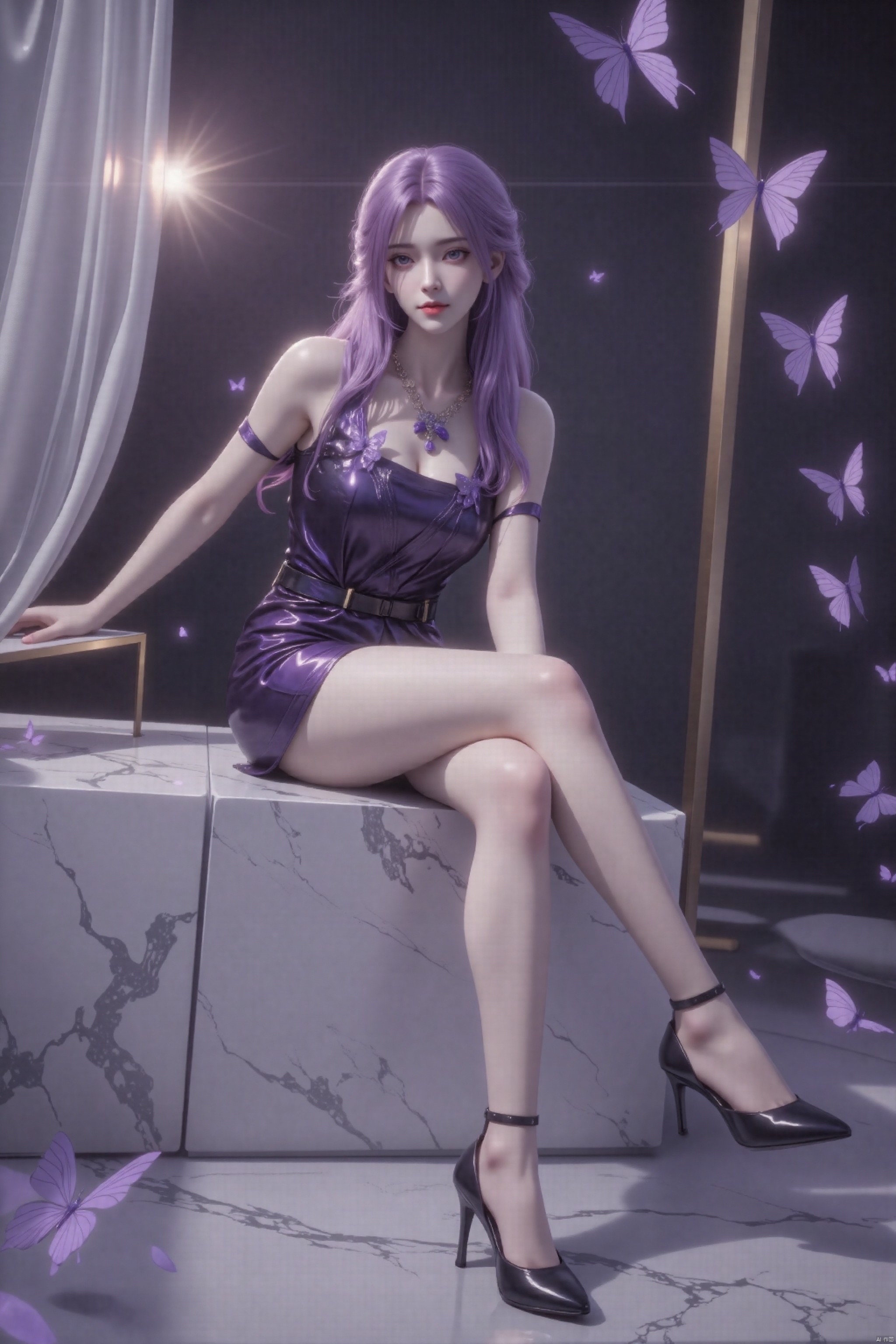 The picture shows a 3D rendering of a character. The following is a detailed description of the elements in the picture:


• Image quality:

• The image has high resolution and clear details, showing high-quality 3D rendering.

• The characters’ skin, clothing and background textures are all very delicate, and the light and shadow effects are realistic.


• Color:

• The character's hair is purple, echoing the purple of the costume, and the overall color combination is harmonious.

• The background tones are softer, mainly gray and white, creating an elegant atmosphere.


• Creative style:

• Character designs are modern and stylish, with refined facial features and elegant body proportions.

• The clothing design is fashionable, and the purple dress is decorated with butterflies, which adds visual appeal.


• Light and layout:

• The light is soft and the main light source appears to be coming from the left, illuminating the face and body of the figure while also creating soft shadows in the background.

• In terms of layout, the character is sitting on a marble table, with curtains and interior decoration in the background. The overall composition is balanced and the visual focus is on the character.


• Character actions:

• The figure sits elegantly, with legs crossed, one hand lightly placed on the leg, and the other hand hanging down naturally, with a relaxed posture.

• The character's expression is calm and his eyes are looking straight ahead, giving a sense of confidence and calmness.


• Hairstyle and clothing:

• The character's hairstyle is long, and the purple hair hangs naturally, adding to the character's feminine temperament.

• The costume is a purple dress, which is darker in color and decorated with butterflies. The overall design is fashionable and feminine.

• Wearing black high heels on the feet adds to the elegance of the character.

Overall, this picture creates an elegant and beautiful atmosphere through high-quality 3D rendering, harmonious color matching, soft light and elegant character postures.