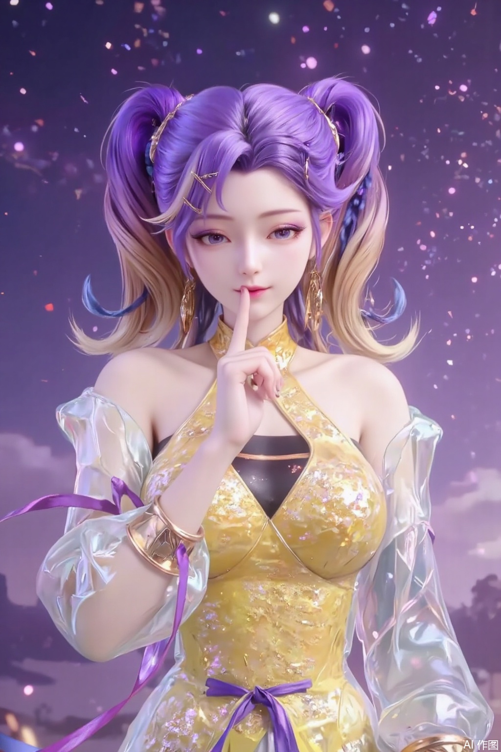 Against the backdrop of a vast starry sky, a girl in a yellow Chinese practice outfit stands quietly, exuding a unique charm and personality. Her purple hair is tied into two high ponytails, the ends slightly curled and shimmering with a soft glow under the starlight. Her fringe neatly falls over her forehead, slightly covering her slightly furrowed brow, which reveals a hint of defiance and determination. Her blue starry eyes are deep and mysterious, with countless stars seemingly twinkling within her pupils. Her long lashes, feather-light under the starlight, flutter slightly, adding a touch of dreamy charm.

Her pink lips curve into a faint smile, as if hiding inner joy. Her expression carries a hint of playfulness and confidence, her gaze slanting to one side as if she's observing something intriguing. Her facial features are soft and delicate, her skin appearing exceptionally fair under the starlight, as if glowing with a soft luminescence.

Her right hand rises, her index finger pointing straight at the middle of her mouth, as if signaling a secret or a mysterious message. Her fingers are slender and long, her nails neatly trimmed and clean, exuding an elegant charm. Her arm lines are smooth, her movements natural, revealing a calm and confident demeanor.

Her yellow Chinese practice outfit is simple yet exquisite, with exquisite golden patterns embroidered on the collar and cuffs, as if mimicking the stars in the galaxy. The fabric is light and soft, swaying gently with the breeze, as if merging with the starry sky. A thin purple silk ribbon is tied around her waist, its ends fluttering in the wind, adding a touch of ethereal beauty.

The background is a magnificent starry sky, with a deep purple canopy dotted with countless twinkling stars, as if a grand galaxy spans across the horizon. The light of the galaxy bathes her in a mysterious purple glow. The starlight forms a soft halo around her, as if she is the ruler of this starry expanse.