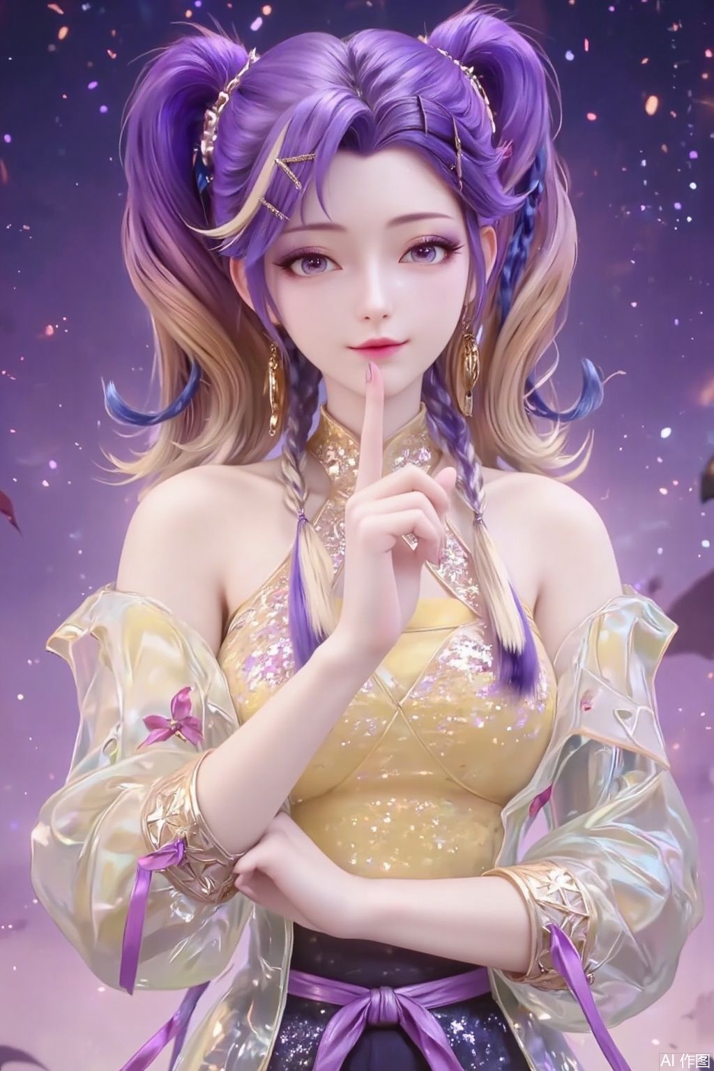 Against the backdrop of a vast starry sky, a girl in a yellow Chinese practice outfit stands quietly, exuding a unique charm and personality. Her purple hair is tied into two high ponytails, the ends slightly curled and shimmering with a soft glow under the starlight. Her fringe neatly falls over her forehead, slightly covering her slightly furrowed brow, which reveals a hint of defiance and determination. Her blue starry eyes are deep and mysterious, with countless stars seemingly twinkling within her pupils. Her long lashes, feather-light under the starlight, flutter slightly, adding a touch of dreamy charm.

Her pink lips curve into a faint smile, as if hiding inner joy. Her expression carries a hint of playfulness and confidence, her gaze slanting to one side as if she's observing something intriguing. Her facial features are soft and delicate, her skin appearing exceptionally fair under the starlight, as if glowing with a soft luminescence.

Her right hand rises, her index finger pointing straight at the middle of her mouth, as if signaling a secret or a mysterious message. Her fingers are slender and long, her nails neatly trimmed and clean, exuding an elegant charm. Her arm lines are smooth, her movements natural, revealing a calm and confident demeanor.

Her yellow Chinese practice outfit is simple yet exquisite, with exquisite golden patterns embroidered on the collar and cuffs, as if mimicking the stars in the galaxy. The fabric is light and soft, swaying gently with the breeze, as if merging with the starry sky. A thin purple silk ribbon is tied around her waist, its ends fluttering in the wind, adding a touch of ethereal beauty.

The background is a magnificent starry sky, with a deep purple canopy dotted with countless twinkling stars, as if a grand galaxy spans across the horizon. The light of the galaxy bathes her in a mysterious purple glow. The starlight forms a soft halo around her, as if she is the ruler of this starry expanse.