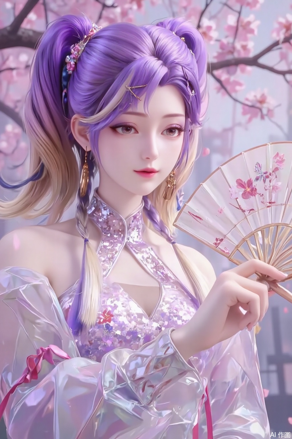 In a pink cherry blossom grove, a girl in a light purple kimono stands quietly beneath a cherry blossom tree, exuding elegance and mystery. Her purple hair is tied into two high ponytails, the ends slightly curled and lightly swaying in the breeze. Her fringe neatly falls over her forehead, her slightly furrowed brow revealing a hint of gentleness and contemplation. Her amber eyes are warm and deep, as if reflecting the falling cherry blossoms within her pupils. Her long lashes, highlighted by the petals, appear exceptionally soft.

Her pink lips curve into a subtle smile, as if savoring the beauty and tranquility of the cherry blossoms. Her expression carries a touch of elegance and composure, as if she is the mistress of this cherry blossom grove. Her facial features are soft and delicate, her skin appearing exceptionally fair under the sunlight, radiating a soft glow.

Her right hand gently rises, holding a delicate fan, the fan's surface adorned with cherry blossoms and butterflies, as if merging with the surrounding scenery. The fan gently unfolds, swaying slightly with her movements, as if transmitting a gentle signal to the cherry blossom grove. Her fingers are slender and long, her nails neatly trimmed and clean, exuding an elegant charm. Her arm lines are smooth, her movements natural, revealing a calm and graceful demeanor.

Her light purple kimono is exquisitely designed, with delicate cherry blossom patterns embroidered on the collar and cuffs, as if mimicking the petals scattered around. The fabric is light and soft, swaying gently with the breeze, as if harmonizing with the surrounding cherry blossoms. A thin pink silk ribbon is tied around her waist, its ends fluttering in the wind, adding a touch of ethereal beauty.

The background is a blooming cherry blossom grove, with pink petals drifting in the wind, as if caught in a romantic floral rain. The branches of the cherry blossom trees intertwine, forming a dreamy pink canopy. Sunlight filters through the gaps between petals, casting dappled light on the ground. The air is filled with the sweet scent of cherry blossoms, and distant bird calls add a touch of vitality to the grove.