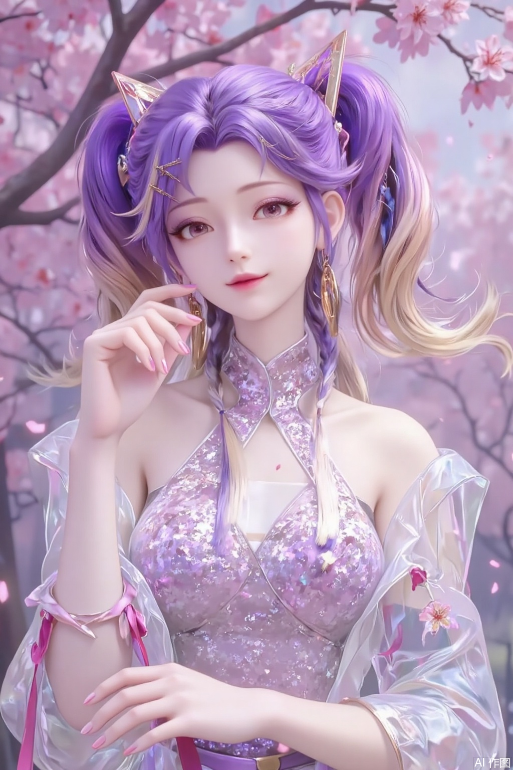 In a pink cherry blossom grove, a girl in a light purple kimono stands quietly beneath a cherry blossom tree, exuding elegance and mystery. Her purple hair is tied into two high ponytails, the ends slightly curled and lightly swaying in the breeze. Her fringe neatly falls over her forehead, her slightly furrowed brow revealing a hint of gentleness and contemplation. Her amber eyes are warm and deep, as if reflecting the falling cherry blossoms within her pupils. Her long lashes, highlighted by the petals, appear exceptionally soft.

Her pink lips curve into a subtle smile, as if savoring the beauty and tranquility of the cherry blossoms. Her expression carries a touch of elegance and composure, as if she is the mistress of this cherry blossom grove. Her facial features are soft and delicate, her skin appearing exceptionally fair under the sunlight, radiating a soft glow.

Her right hand gently rises, holding a delicate fan, the fan's surface adorned with cherry blossoms and butterflies, as if merging with the surrounding scenery. The fan gently unfolds, swaying slightly with her movements, as if transmitting a gentle signal to the cherry blossom grove. Her fingers are slender and long, her nails neatly trimmed and clean, exuding an elegant charm. Her arm lines are smooth, her movements natural, revealing a calm and graceful demeanor.

Her light purple kimono is exquisitely designed, with delicate cherry blossom patterns embroidered on the collar and cuffs, as if mimicking the petals scattered around. The fabric is light and soft, swaying gently with the breeze, as if harmonizing with the surrounding cherry blossoms. A thin pink silk ribbon is tied around her waist, its ends fluttering in the wind, adding a touch of ethereal beauty.

The background is a blooming cherry blossom grove, with pink petals drifting in the wind, as if caught in a romantic floral rain. The branches of the cherry blossom trees intertwine, forming a dreamy pink canopy. Sunlight filters through the gaps between petals, casting dappled light on the ground. The air is filled with the sweet scent of cherry blossoms, and distant bird calls add a touch of vitality to the grove.