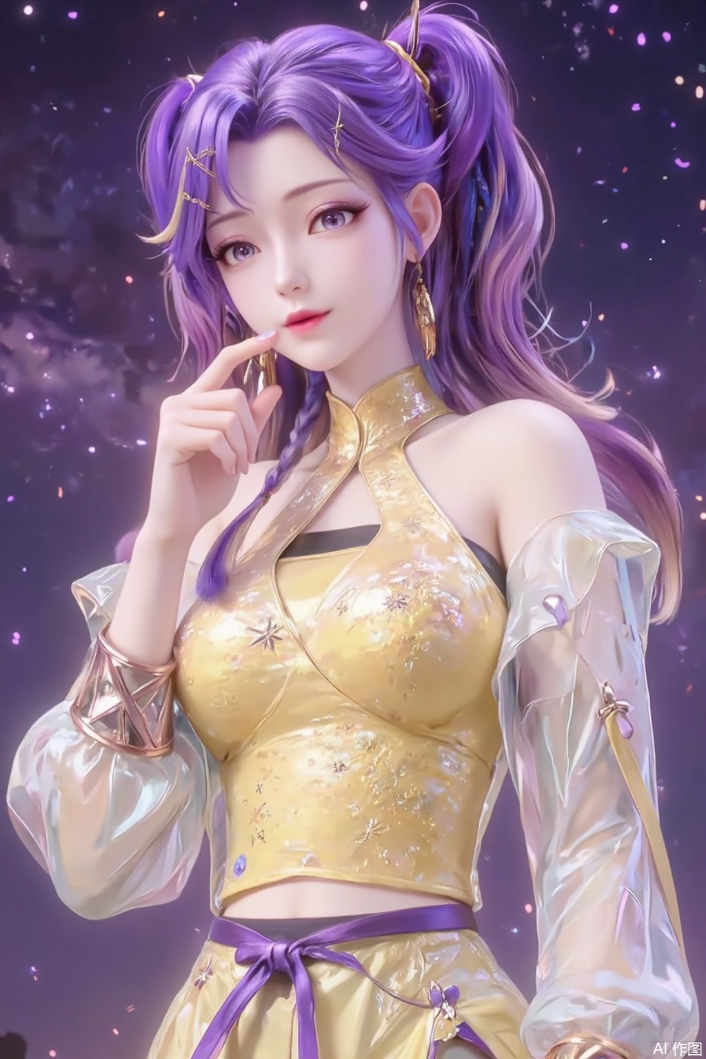 Against the backdrop of a vast starry sky, a girl in a yellow Chinese practice outfit stands quietly, exuding a unique charm and personality. Her purple hair is tied into two high ponytails, the ends slightly curled and shimmering with a soft glow under the starlight. Her fringe neatly falls over her forehead, slightly covering her slightly furrowed brow, which reveals a hint of defiance and determination. Her blue starry eyes are deep and mysterious, with countless stars seemingly twinkling within her pupils. Her long lashes, feather-light under the starlight, flutter slightly, adding a touch of dreamy charm.

Her pink lips curve into a faint smile, as if hiding inner joy. Her expression carries a hint of playfulness and confidence, her gaze slanting to one side as if she's observing something intriguing. Her facial features are soft and delicate, her skin appearing exceptionally fair under the starlight, as if glowing with a soft luminescence.

Her right hand rises, her index finger pointing straight at the middle of her mouth, as if signaling a secret or a mysterious message. Her fingers are slender and long, her nails neatly trimmed and clean, exuding an elegant charm. Her arm lines are smooth, her movements natural, revealing a calm and confident demeanor.

Her yellow Chinese practice outfit is simple yet exquisite, with exquisite golden patterns embroidered on the collar and cuffs, as if mimicking the stars in the galaxy. The fabric is light and soft, swaying gently with the breeze, as if merging with the starry sky. A thin purple silk ribbon is tied around her waist, its ends fluttering in the wind, adding a touch of ethereal beauty.

The background is a magnificent starry sky, with a deep purple canopy dotted with countless twinkling stars, as if a grand galaxy spans across the horizon. The light of the galaxy bathes her in a mysterious purple glow. The starlight forms a soft halo around her, as if she is the ruler of this starry expanse.