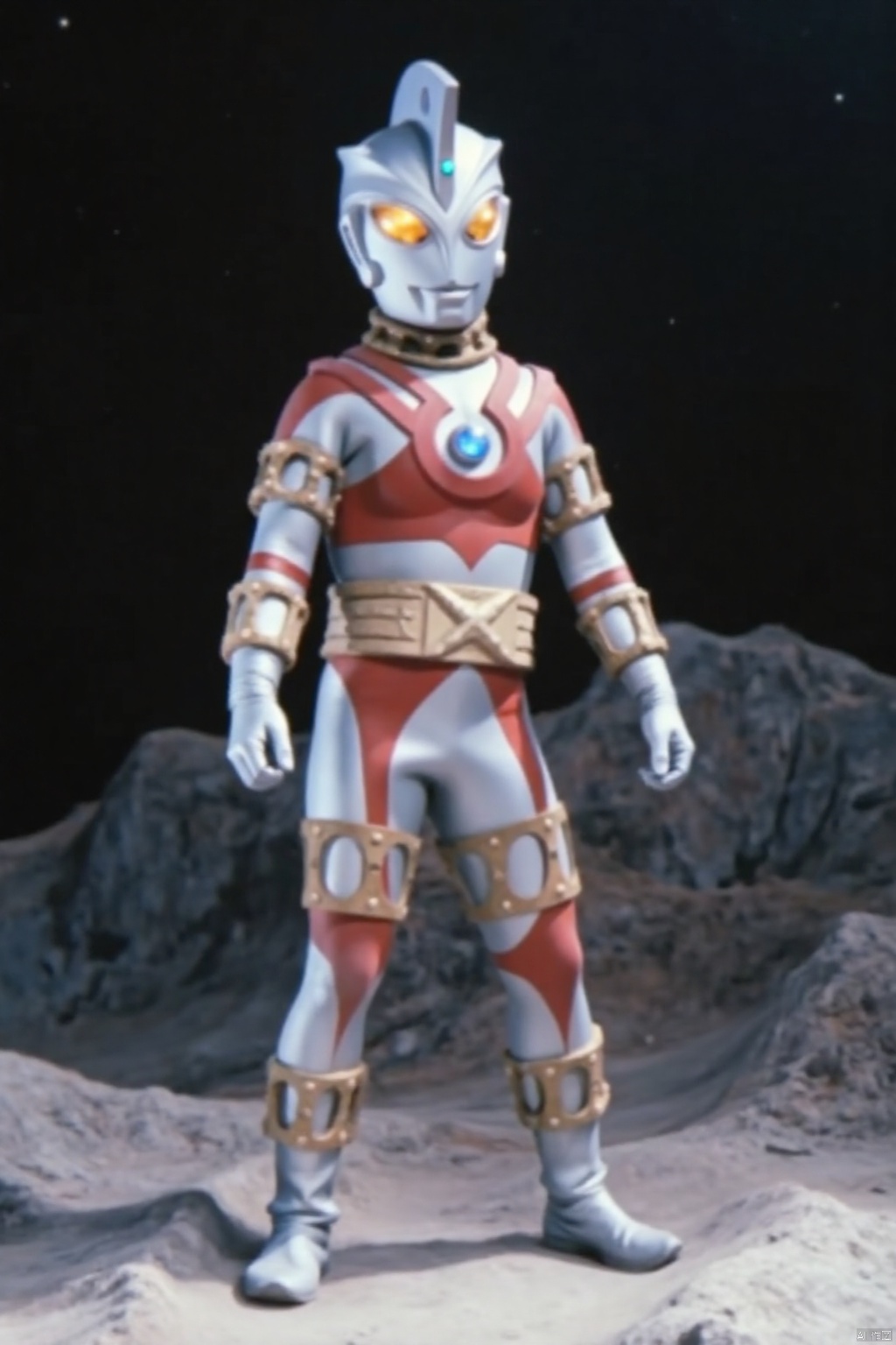 ultraman,silver bodysuit,silver gloves,legwear,gloves,boots,cover,mask,plugsuit,armor,bodysuit,red pattern on body,silver tight-fitting,silver footwear,helmet,leather suit,latex,tokusatsu,no humans,science fiction,silver head,hard mask,no smile,no eyes,no nose,solo,silver rubber bodysuit with red line