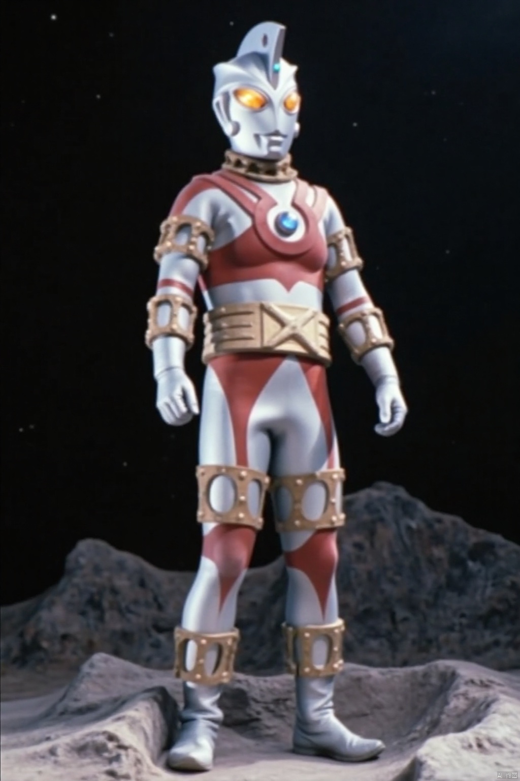 ultraman,silver bodysuit,silver gloves,legwear,gloves,boots,cover,mask,plugsuit,armor,bodysuit,red pattern on body,silver tight-fitting,silver footwear,helmet,leather suit,latex,tokusatsu,no humans,science fiction,silver head,hard mask,no smile,no eyes,no nose,solo,silver rubber bodysuit with red line