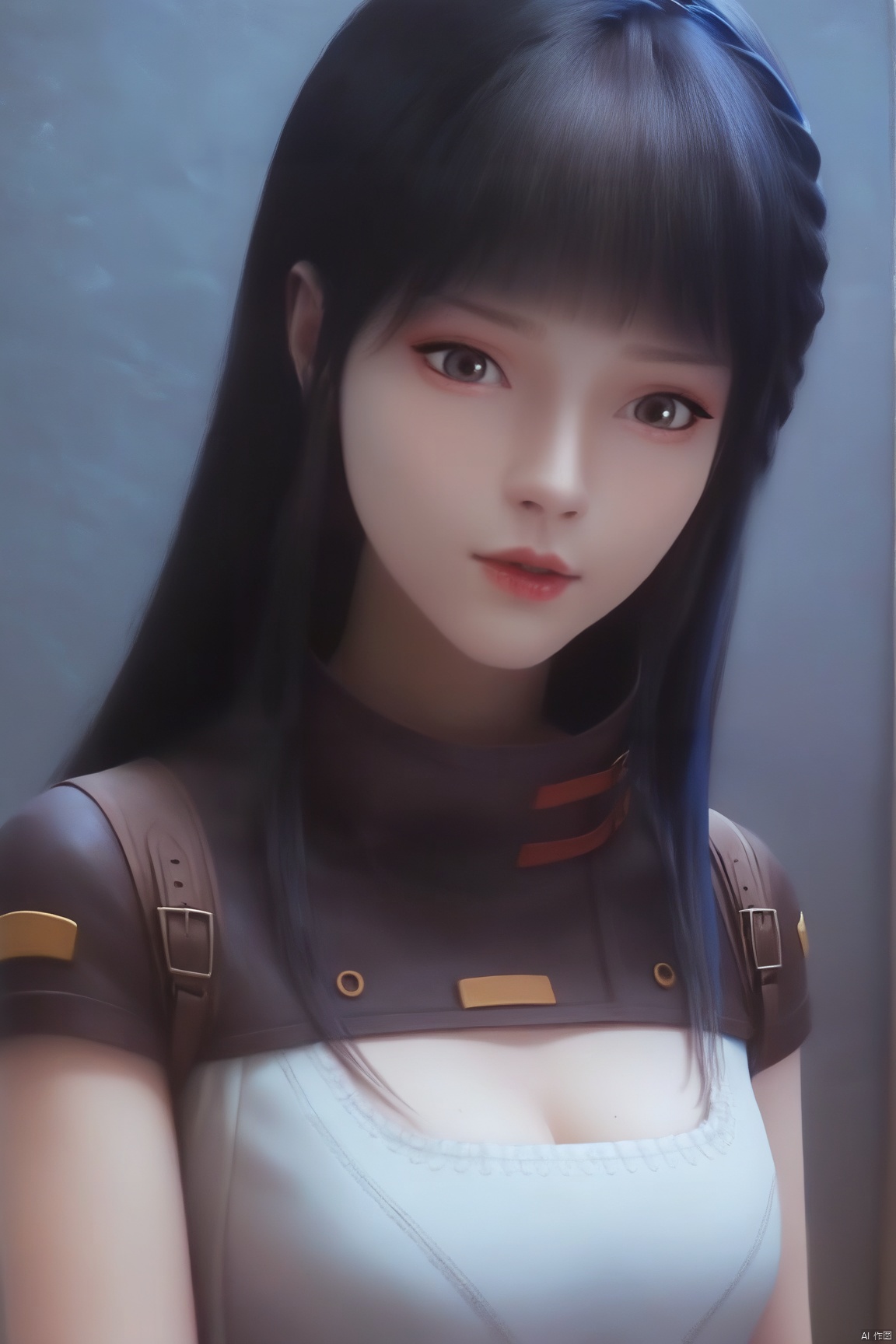 score_9_up,score_8_up,score_7_up,(Masterpiece, Best Quality, Photorealistic, High Resolution, 8K Raw), 
1girl, solo, long hair, looking at viewer,shirt,  bangs, black hair, cleavage,upper body, blunt bangs, black eyes, lips, 
illustration,CG,pale skin,translucent,white skin,high detailed skin,(detailed skin:1.1),highly detailed,ultra-high resolution,32K UHD,sharp focus,best-quality,masterpiece,unconventional supreme masterpiece,masterful details,temperate atmosphere,with a high-end texture,in the style of fashion photography,Dynamic Angle,(Dynamic posture:1.1),OverallDetailXL,zPDXL3,GX_style,

