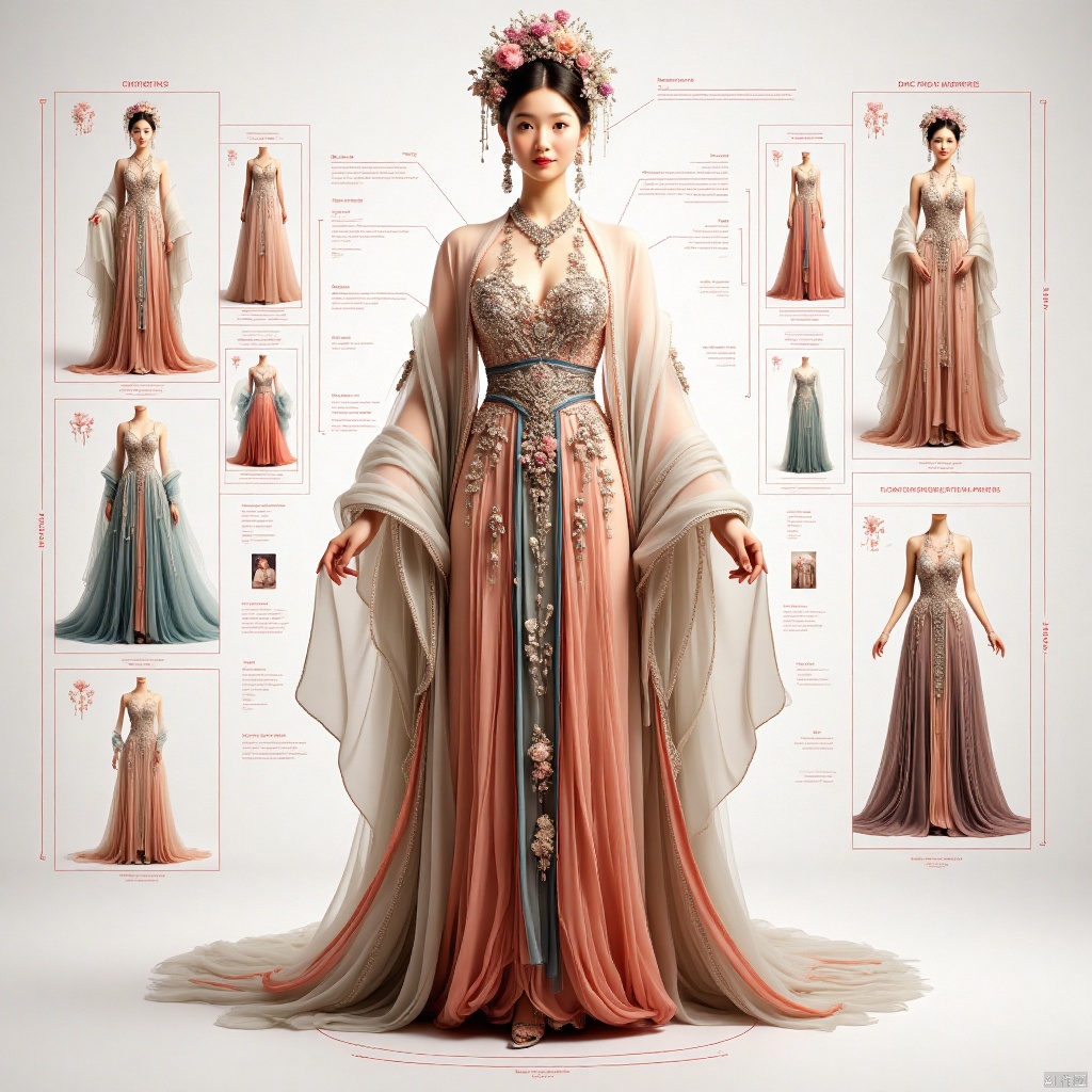 一个女孩,Classify according to the parts of clothing,refer to the table,design an infographic,background for classification,and classify by the parts of clothing,long dress,长裙
