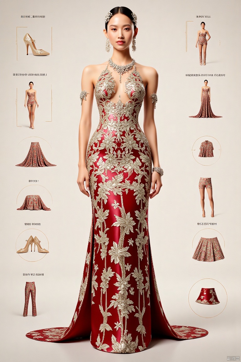 Classify the background according to the body decoration parts,design an infographic,classify by the parts of clothing decoration,background for classification,reference table,with distribution on both sides.,Classify according to the parts of clothing,refer to the table,and classify by the parts of clothing,long dress,长裙