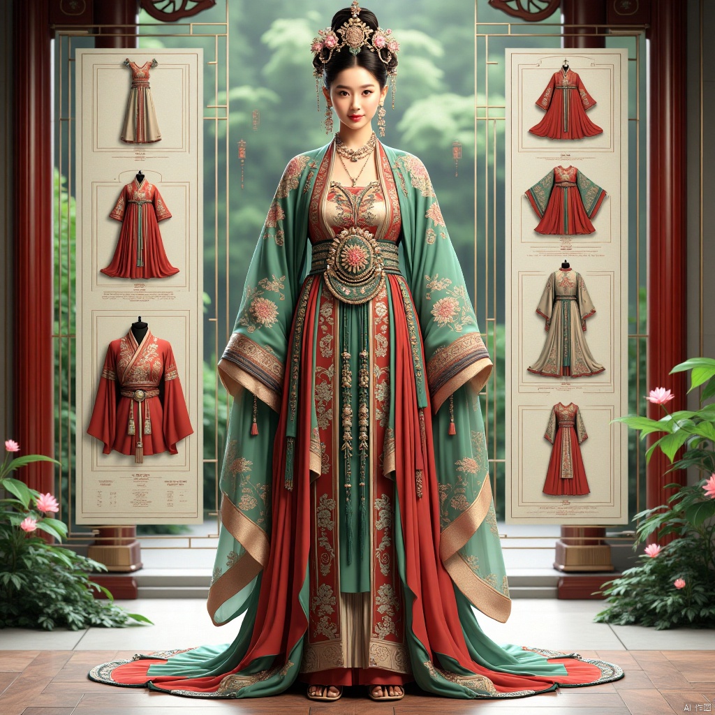 long dress,长裙,A garden adorned with jasper.,Classify according to the parts of clothing,refer to the table,design an infographic,background for classification,and classify by the parts of clothing