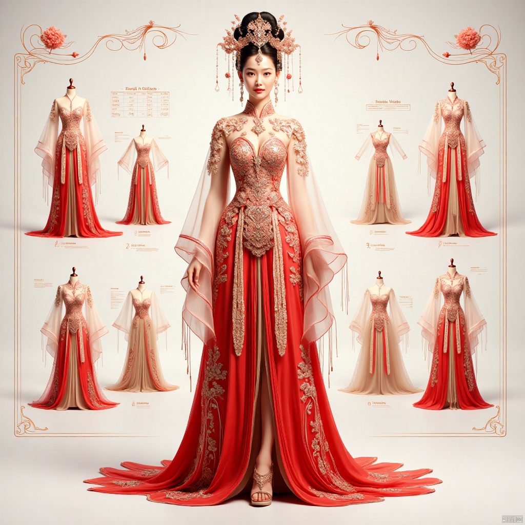 一个女孩,Classify according to the parts of clothing,refer to the table,design an infographic,background for classification,and classify by the parts of clothing,long dress,长裙