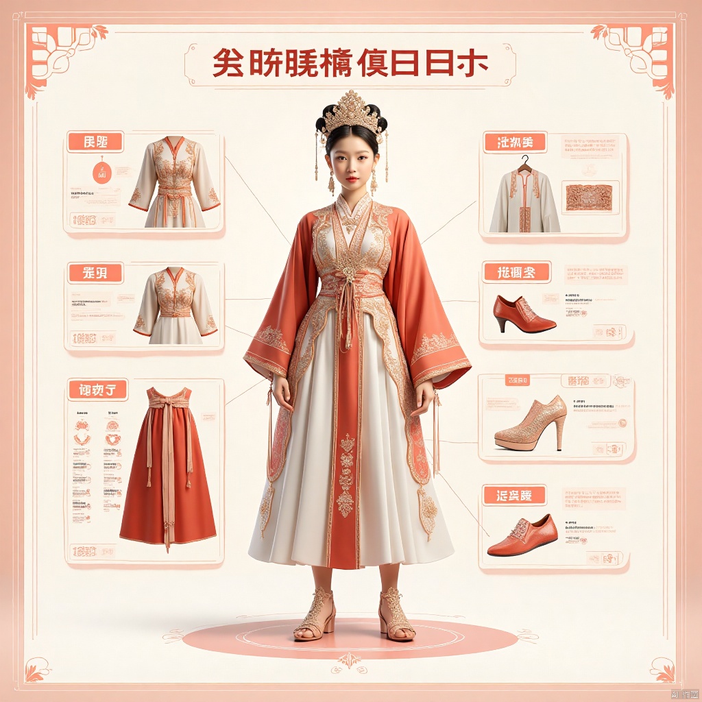 一个女孩,Classify according to the parts of clothing,refer to the table,design an infographic,background for classification,and classify by the parts of clothing