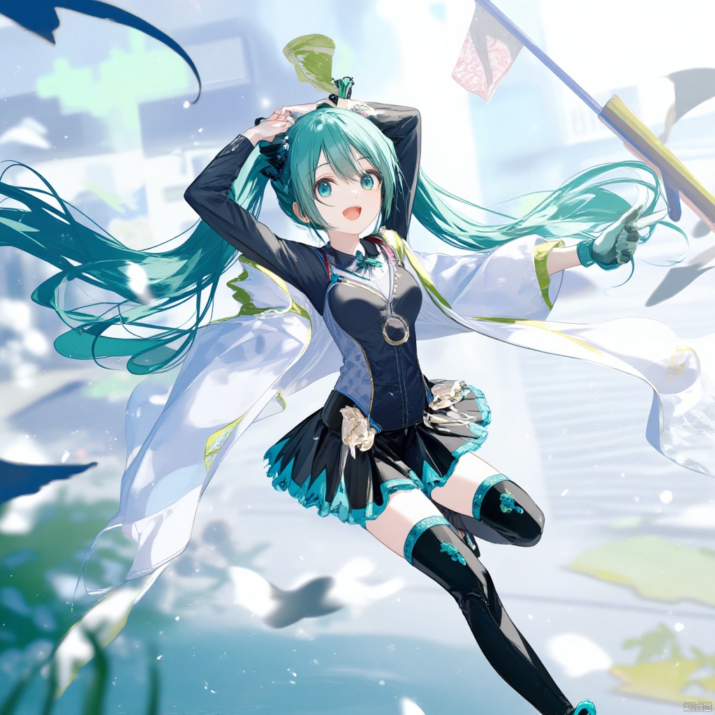 yajiang, 1girl, hatsune miku, solo, gloves, long hair, twintails, bodysuit, racing miku, black bodysuit, aqua hair, green gloves, very long hair, looking at viewer, two-tone gloves, white jacket, flag, cropped jacket, single thighhigh, boots, jacket, pole, thigh boots, long sleeves, aqua eyes, open mouth, upside-down, thighhighs