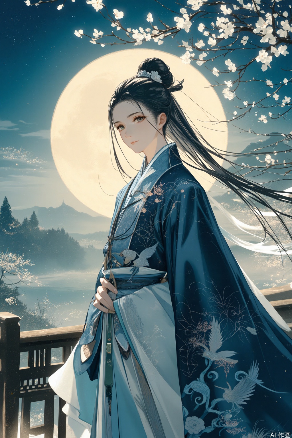 masterpiece,best quality,high detail,close-up,a drawing of a young man,A handsome young Chinese scholar with jade-like skin and long black hair tied by a white jade hairpin,wearing layered ink-blue hanfu embroidered with silver cranes,silk sash adorned with twin jade pendants,standing on a moonlit mountain pavilion surrounded by cherry blossoms and mist,soft lantern glow illuminating his delicate features,traditional watercolor textures blending with cinematic lighting and ethereal atmosphere,