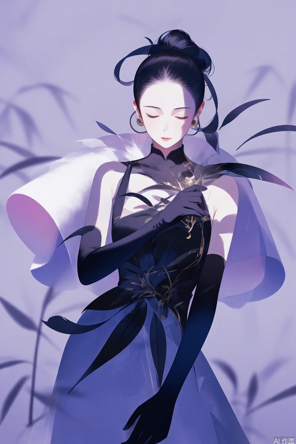 girl,solo,gradient background,gradient,dress,black dress,gloves,black hair,black gloves,purple background,closed eyes,elbow gloves,hair bun,feathers,
