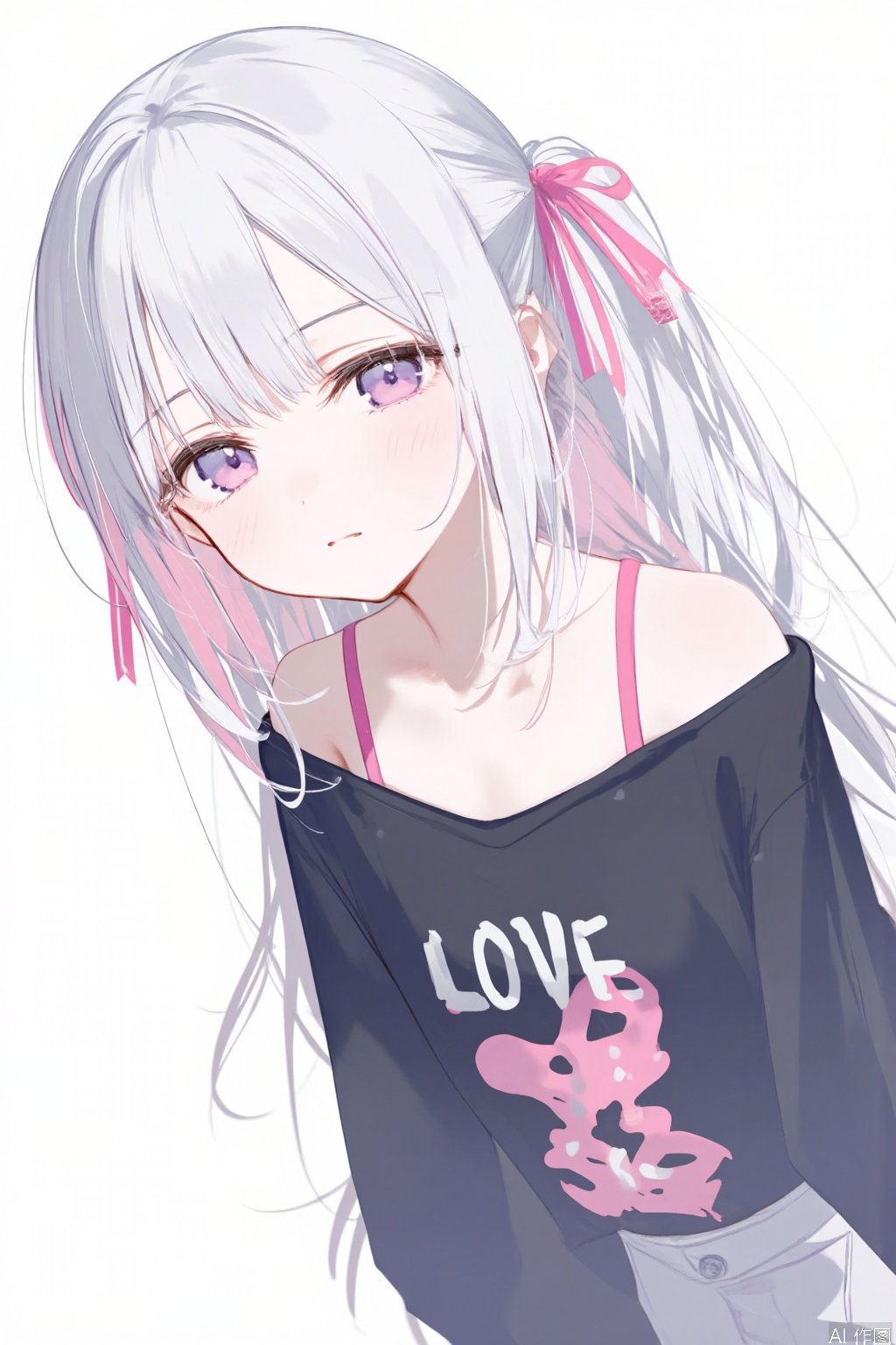 masterpiece,loli,solo,@_@,simple_background,blush,sweat,white_background,ponytail,bra_strap,off_shoulder,virtual_youtuber,grey_hair,shirt,collarbone,head_tilt,black_shirt,upper_body,single_bare_shoulder,closed_mouth,hair_bow,bow,print_shirt,long_sleeves,long_hair,1girl,hair_intakes,clothes_writing,otoko_no_ko,1boy,looking_to_the_side,male_focus,purple_eyes,pink_bow,frown,grey_eyes,,