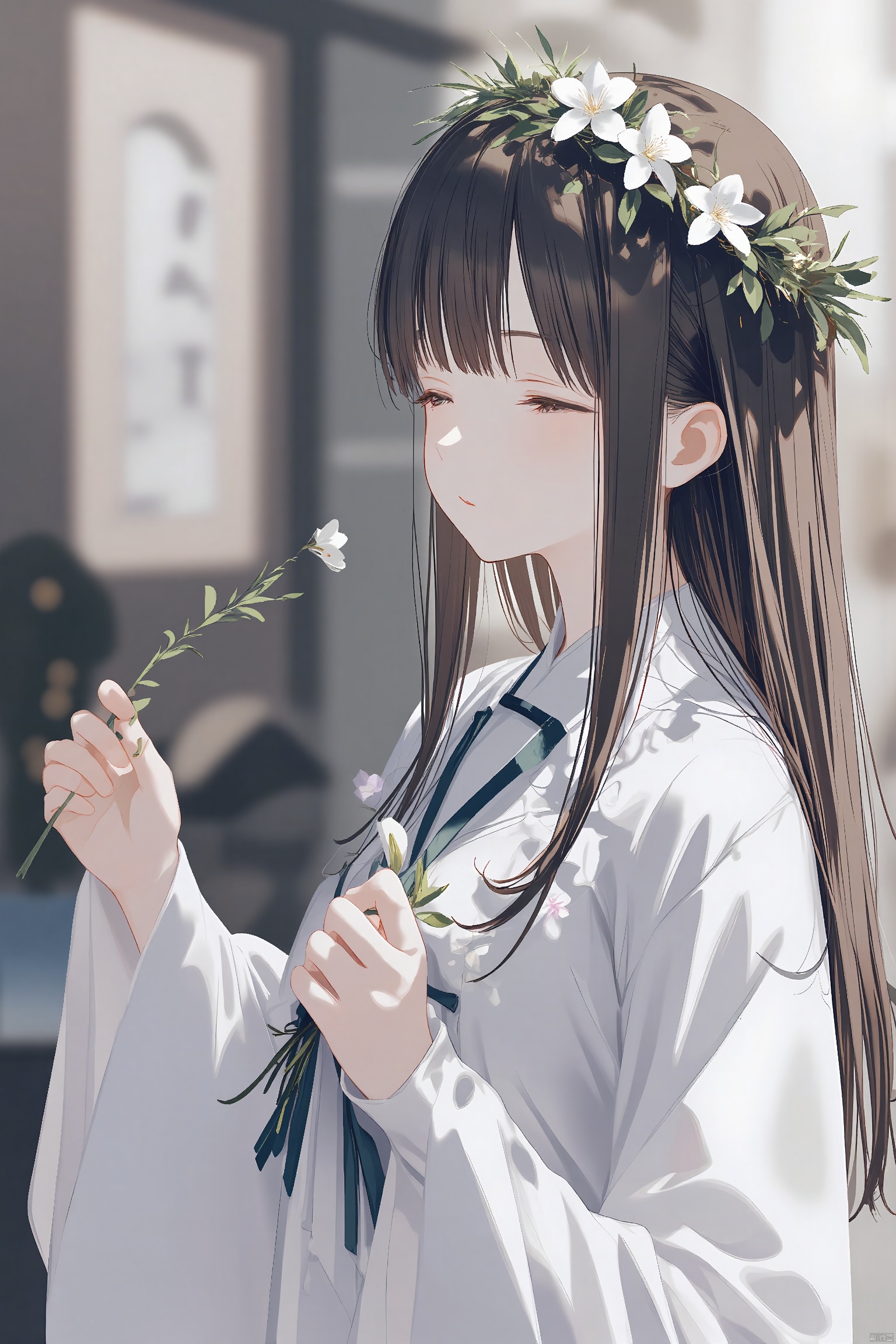 yajiang, 1girl, solo, long hair, flower, holding flower, holding, head wreath, upper body, closed eyes, blurry, from side, profile, closed mouth