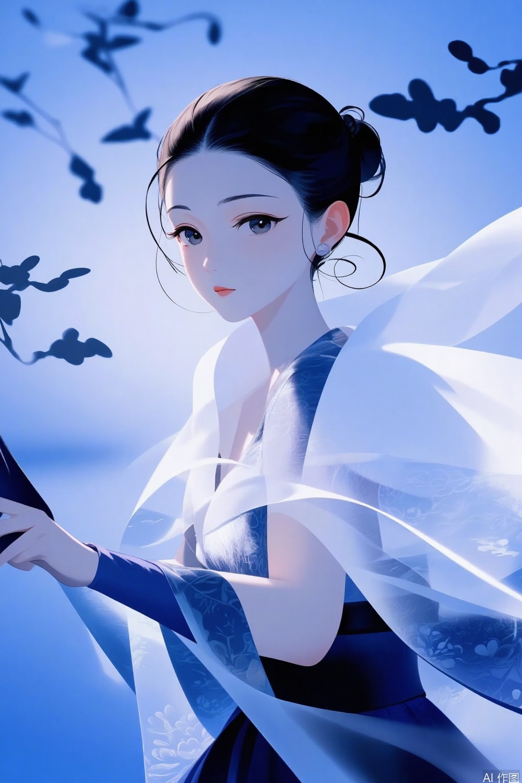 diffusion,1girl,solo,black hair,gloves,eyes open,Dancing posture,elbow gloves,hair bun,simple background,single hair bun,dress,No facial features,blue Gradient background,Chinoiserie,paper-cut silhouette,