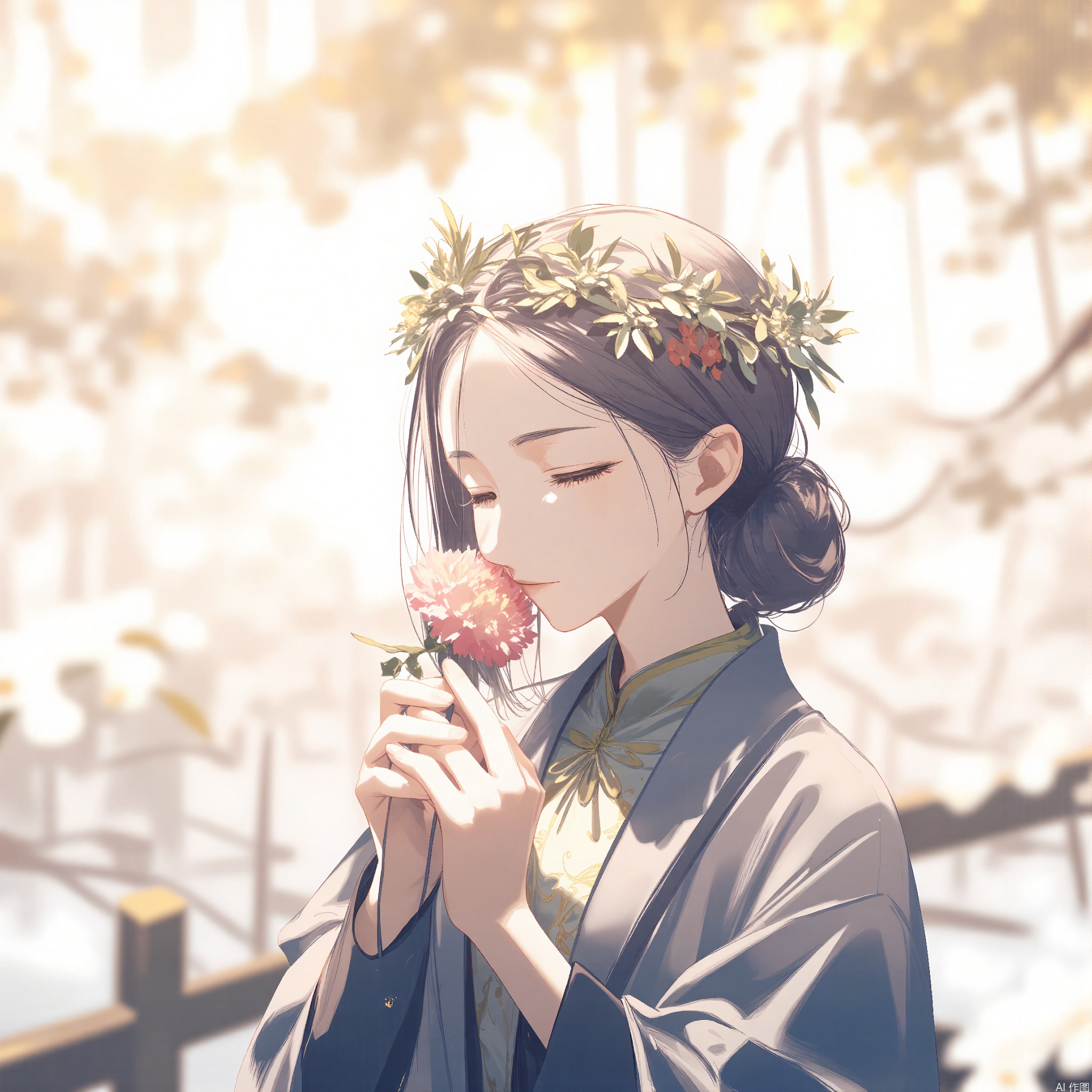 yajiang, 1girl, solo, long hair, flower, holding flower, holding, head wreath, upper body, closed eyes, blurry, from side, profile, closed mouth