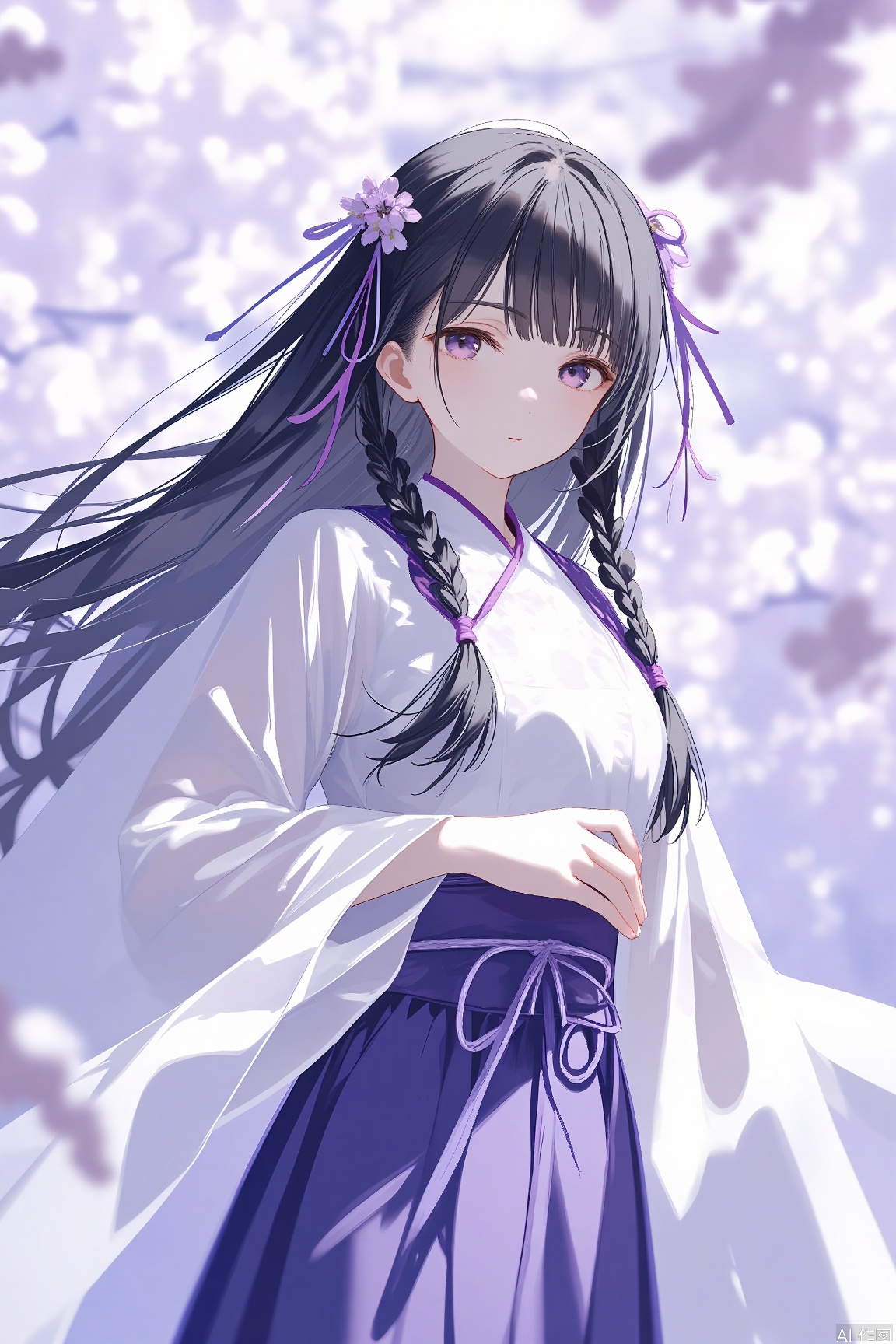 A tension shot, an impact picture, official art, movie perspective, masterpiece, facing the camera, best quality, very aesthetic, very delicate beauty, huge file size, amazing quality, 32K UHD,solo_focus, (1 girl, black hair, braids, upper body), anime, long hair,solo, gaze at the audience, Purple background, standing, above waist, Female focus, Long sleeves, Chinese clothing, wide sleeves, Hanfu, Belt, fringe, ribbon decoration, lonely, black hair, purple eyes, long hair, hair accessories, eye hair accessories, white clothing.
Simple background, depth of field, sunlight, Reflection, superb detail, intricate detail, Soothing tones, High contrast, natural skin texture, soft light, sharp Ultra High resolution, 32K UHD,((medium_shot)), upper body,(gongbihua:1.3), Representative, High quality, (a painting style of Gongbi flower: 1.1), Chinese dress, solo, facing the audience, looking at the audience, Lilac flower.