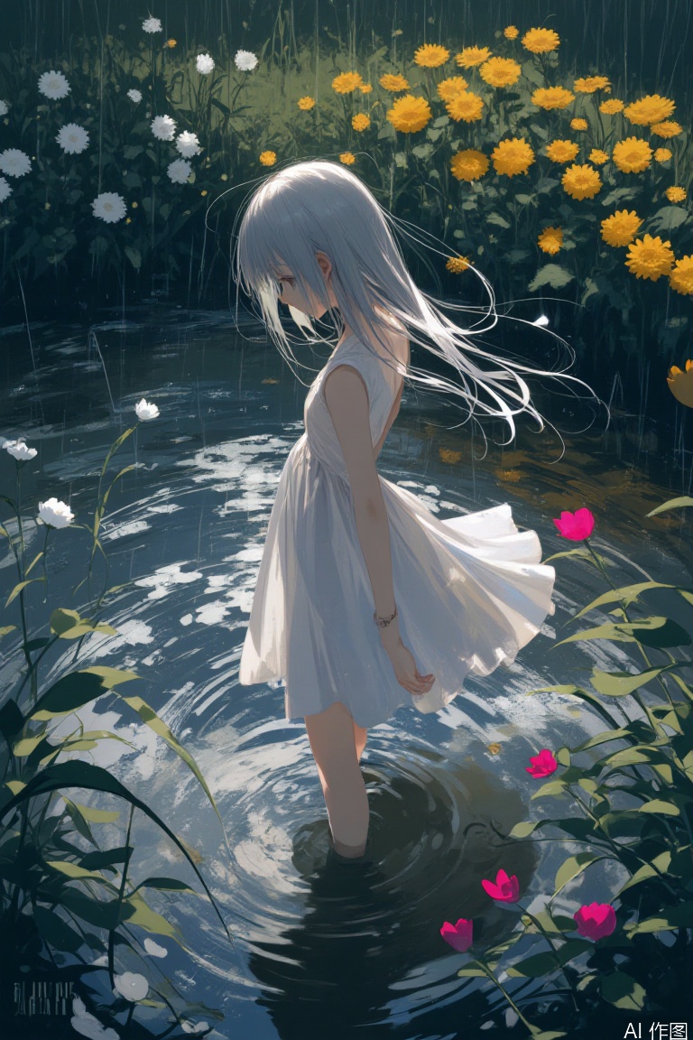 masterpiece, best quality, good quality, very awa, newest, highres, absurdres, 1girl, solo, dress, standing, flower, outdoors, water, white flower, pink flower, scenery, reflection, rain, dark, ripples, yellow flower, puddle, colorful, abstract, standing on liquidi¼
very Wide Shot, limited palette,