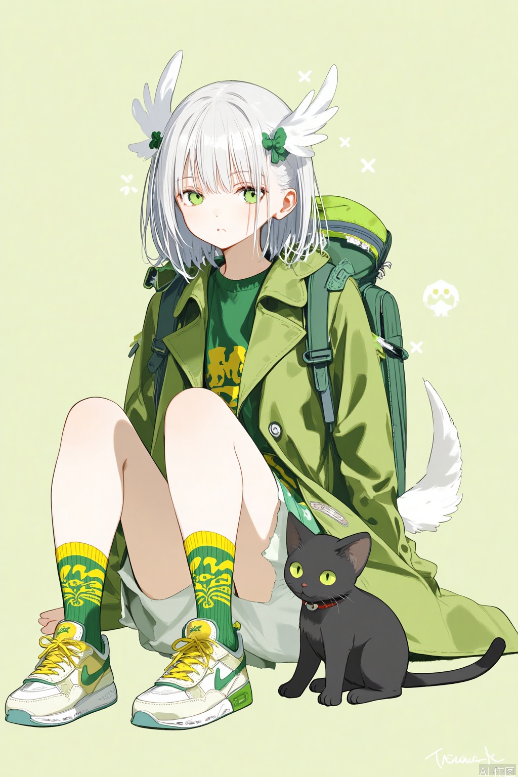 1girl, cat, green eyes, black cat, shoes, white hair, backpack, socks, looking at viewer, jacket, solo, sitting, sneakers, bag, bangs, green jacket, medium hair, animal, green theme, crossed legs, green socks, shirt
