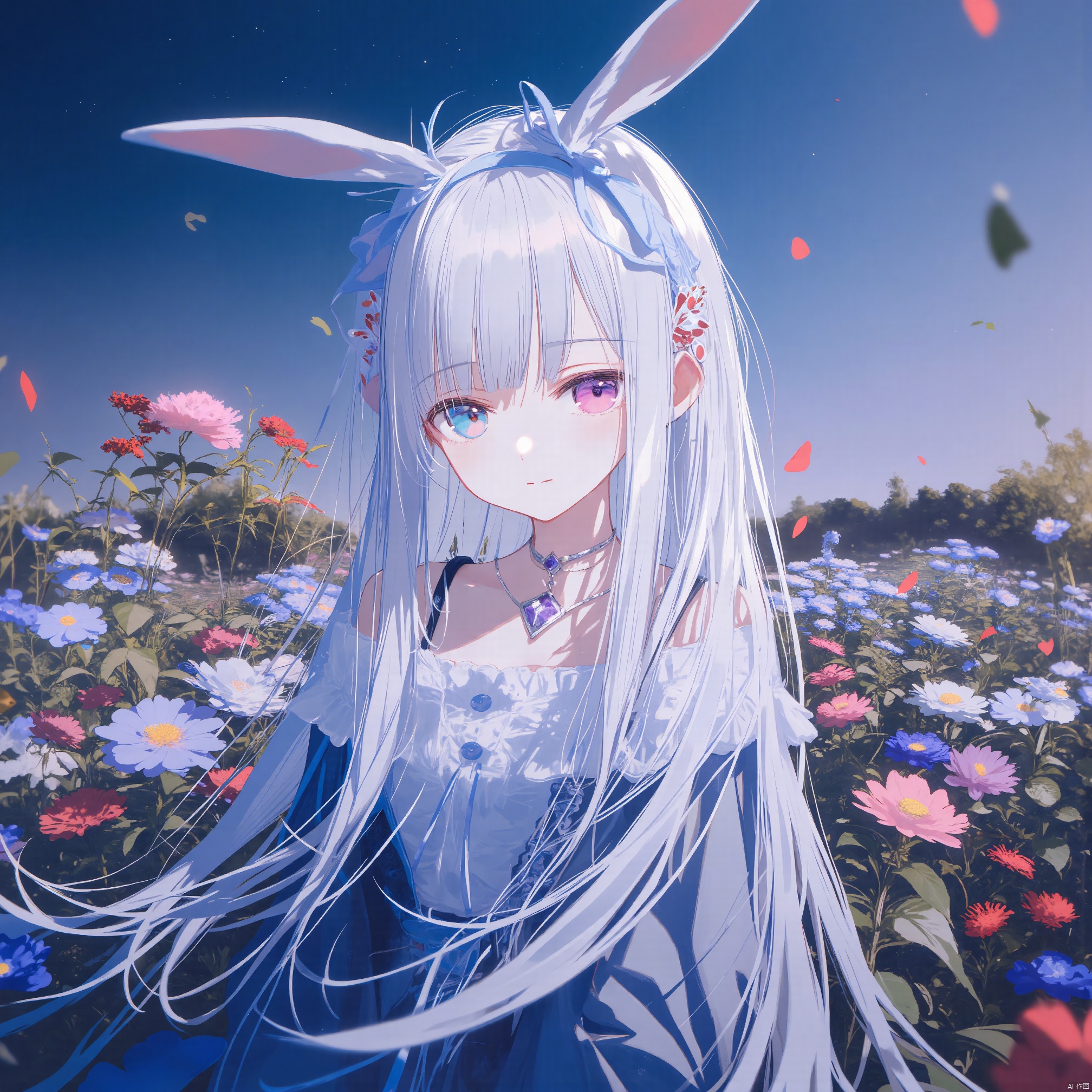 masterpiece,best quality,high quality,loli,loli,loli,1girl,solo,long hair,tender sister,upper body,blush,unusual pupils,clothed,Flowers,cornflowers,late at night,ruins,blue flowe,flower sea,//,Lanlan,1girl,ahoge,silver hair,pale_skin,gradient eyes,aqua eyes,fair_skin,very long hair,alice_\(alice_in_wonderland\),necklace,petite,long hair,white hair,bangs,blue eyes,medium breasts,hair ornament,ribbon,hair between eyes,fake animal ears,hair ribbon,hairband,hairclip,star \(symbol\),neck ribbon,blue ribbon,star hair ornament,blue hairband,rabbit ears,blue ears,wardrobe_error,strap_slip,//,(Artist chen bin:1.5),(Artist agwing86:1.3),(Artist aki99:0.5),(Artist z282g:0.9),artist:wanke,(artist:ke-ta:0.6),[Artist:wlop],(Artist wsman:0.6),(fkey:0.5),(hiten \(hitenkei\):0.6),omone_hokoma_agm,[[Artist amashiro natsuki]],//,official art,depth of field,high contrast,colorful,detailed light,light leaks,beautiful detailed glow,best shadow,shiny skin,cinematic lighting,ray tracing,best quality,amazing quality,very aesthetic,absurdres,beast quality,masterpiece,ultra detailed,newest,8K,HDR,