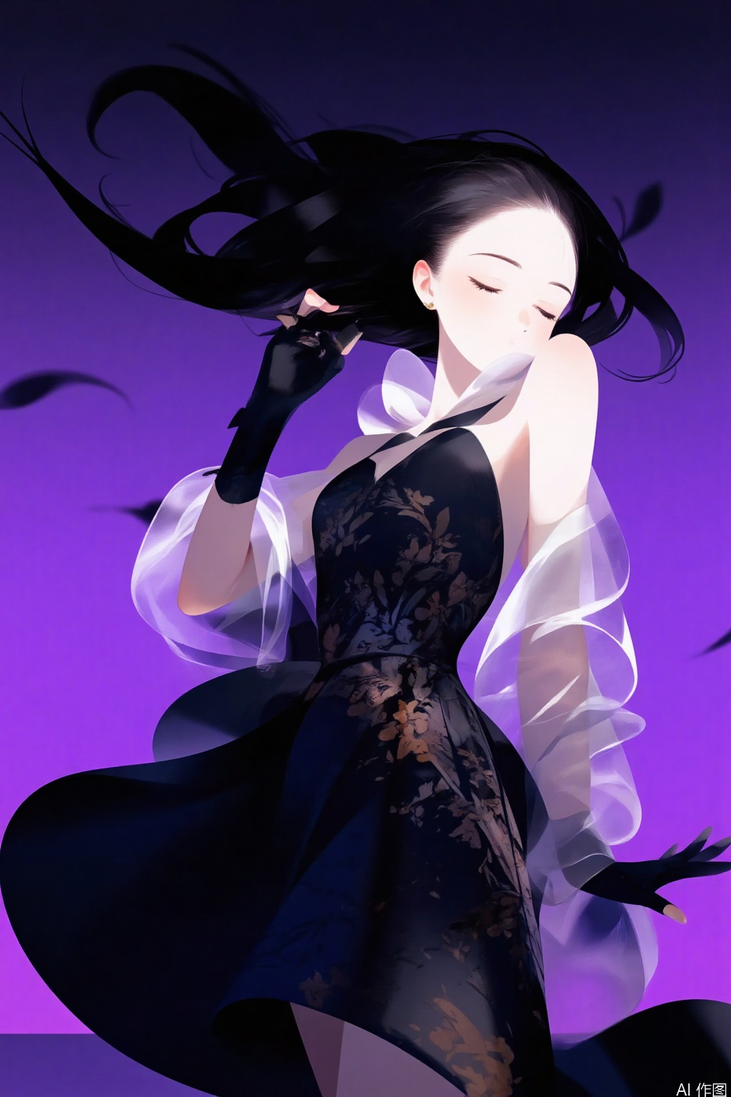 girl,solo,gradient background,gradient,dress,black dress,gloves,black hair,black gloves,purple background,closed eyes,elbow gloves,hair bun,feathers,