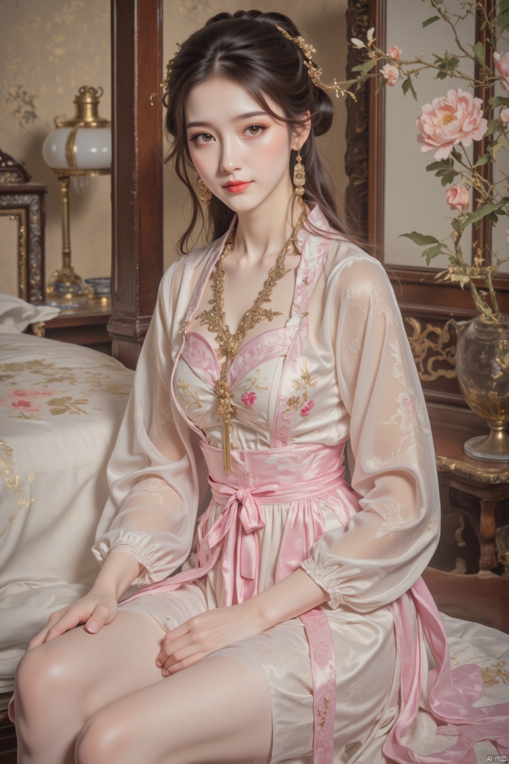 (photorealistic, best quality, ultra high res, extremely detailed eyes and face:1.3),(1girl, solo:1.3),(big breasts:1.8),skirt,jewelry,long_hair,necklace,earrings,perfect full body,sitting beside the bed edge,perfect legs with pink lace stockings,12cm high heels footwear,looking at viewer,chinese clothes,china dress,hanfu,