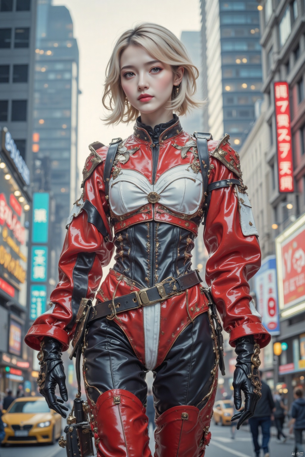 Cyberpunk style,Captured at eye-level on a vibrant day,a woman dressed in a red and white robot costume,adorned with black gloves and red boots. Her blonde hair is styled in a bob,adding a pop of color to the scene. The backdrop,blurred,reveals a cityscape of tall buildings,illuminated by a bright neon sign.,