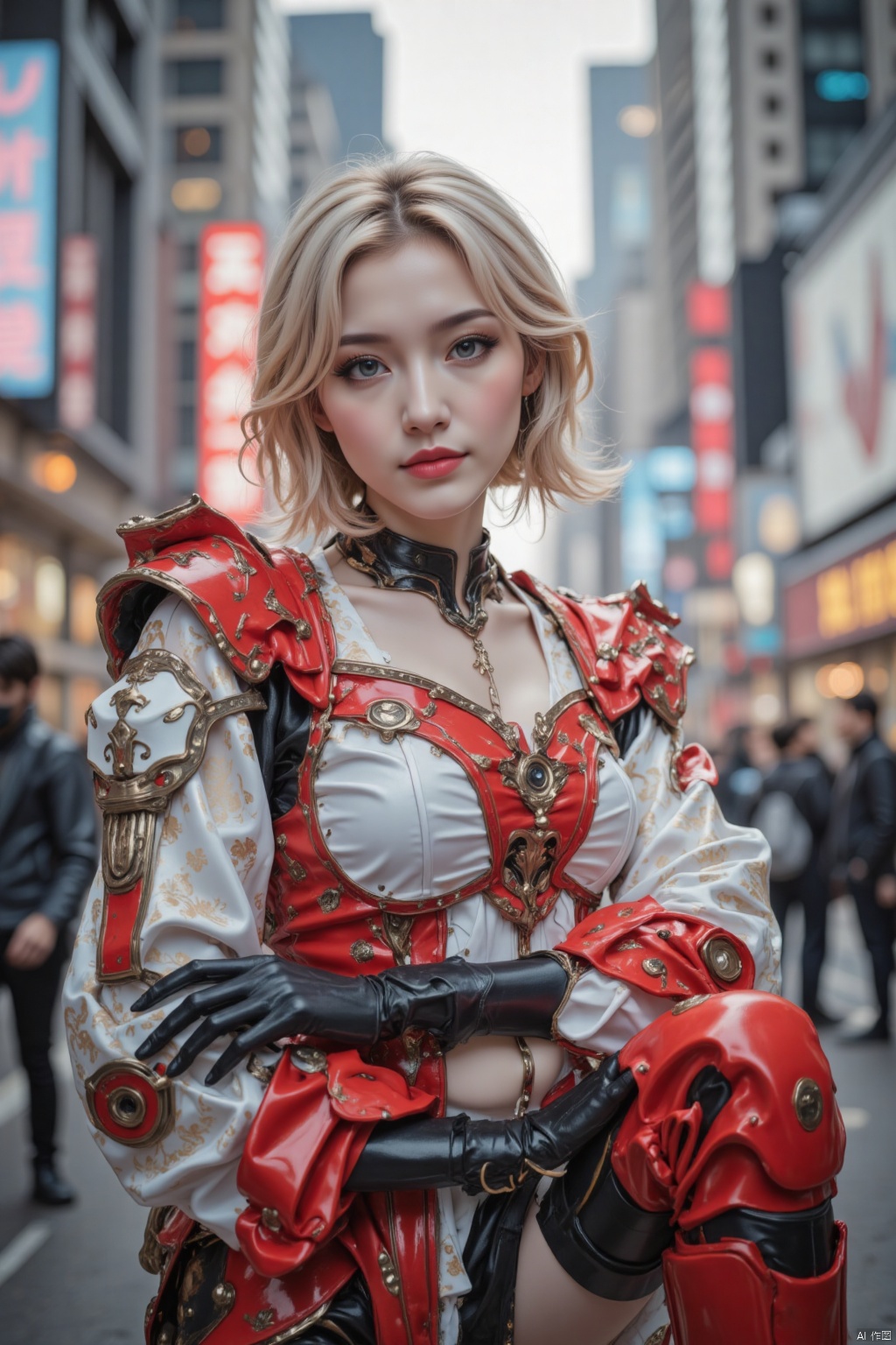 Cyberpunk style,Captured at eye-level on a vibrant day,a woman dressed in a red and white robot costume,adorned with black gloves and red boots. Her blonde hair is styled in a bob,adding a pop of color to the scene. The backdrop,blurred,reveals a cityscape of tall buildings,illuminated by a bright neon sign.,