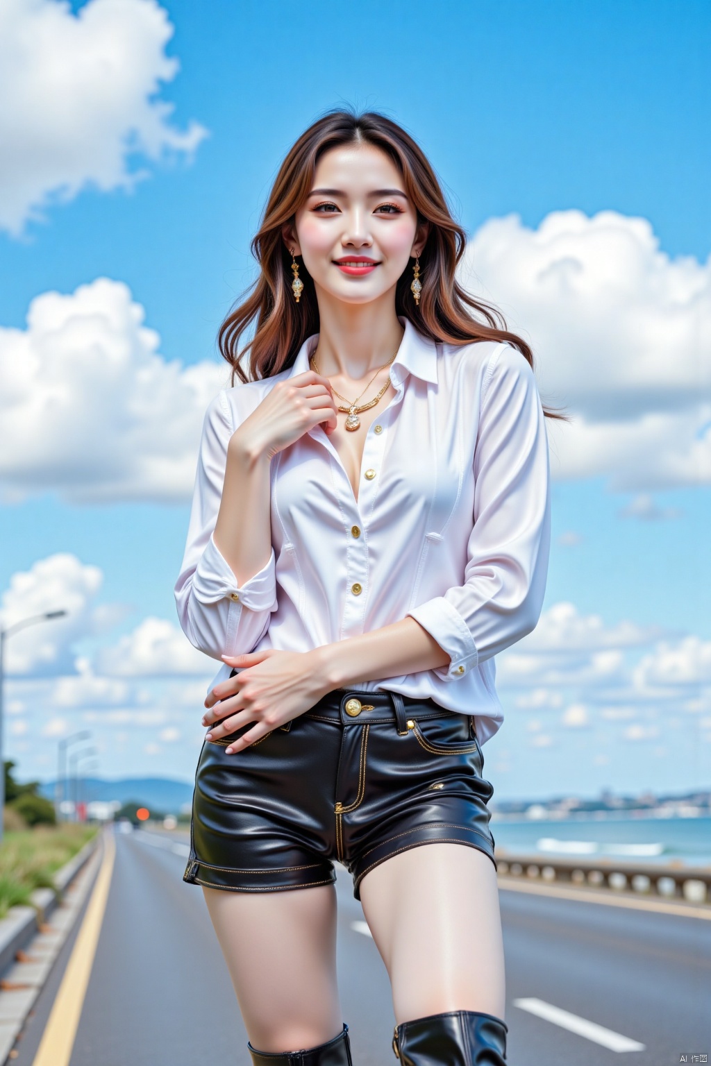Ultra low angle shooting. A 19-year-old fashionable Chinese woman poses for a photo on the roadside by the seaside. Bending down and interacting with the camera, holding your chest with your left hand, showcasing your beautiful hand to the camera. Tall, with a perfect figure, slender legs, beautiful face, Korean makeup, earrings, necklace, long hair, hair accessories. She was wearing a white button up shirt, black tight riveted leather shorts, and black patent leather knee high boots. shut up. Staring happily at the camera. The background is a vibrant blue sky, adorned with fluffy white clouds, adding a touch of contrast to the composition.