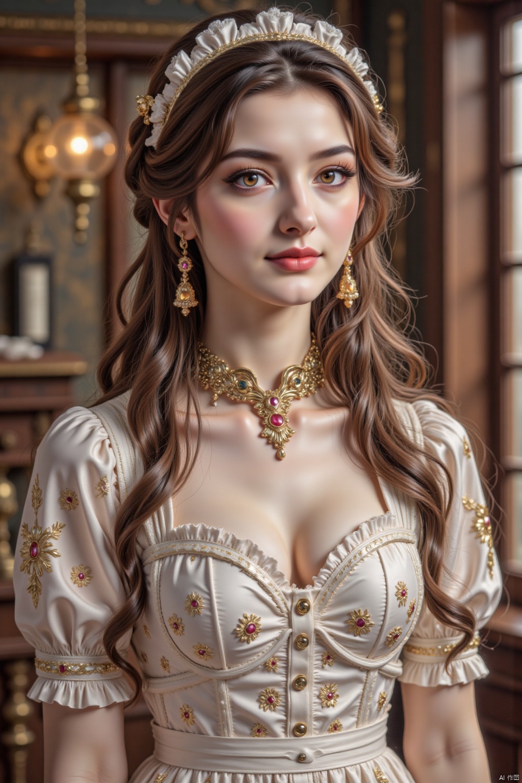 1girl,solo,long hair,breasts,looking at viewer,pueple hair,twintails,brown eyes,jewelry,lying,rills,choker,indoors,necklace,apron,lips,wrist cuffs,maid,maid headdress,realistic,cleavage,large natural breast,soft breasts,zly,hsw,dlrb,ddw