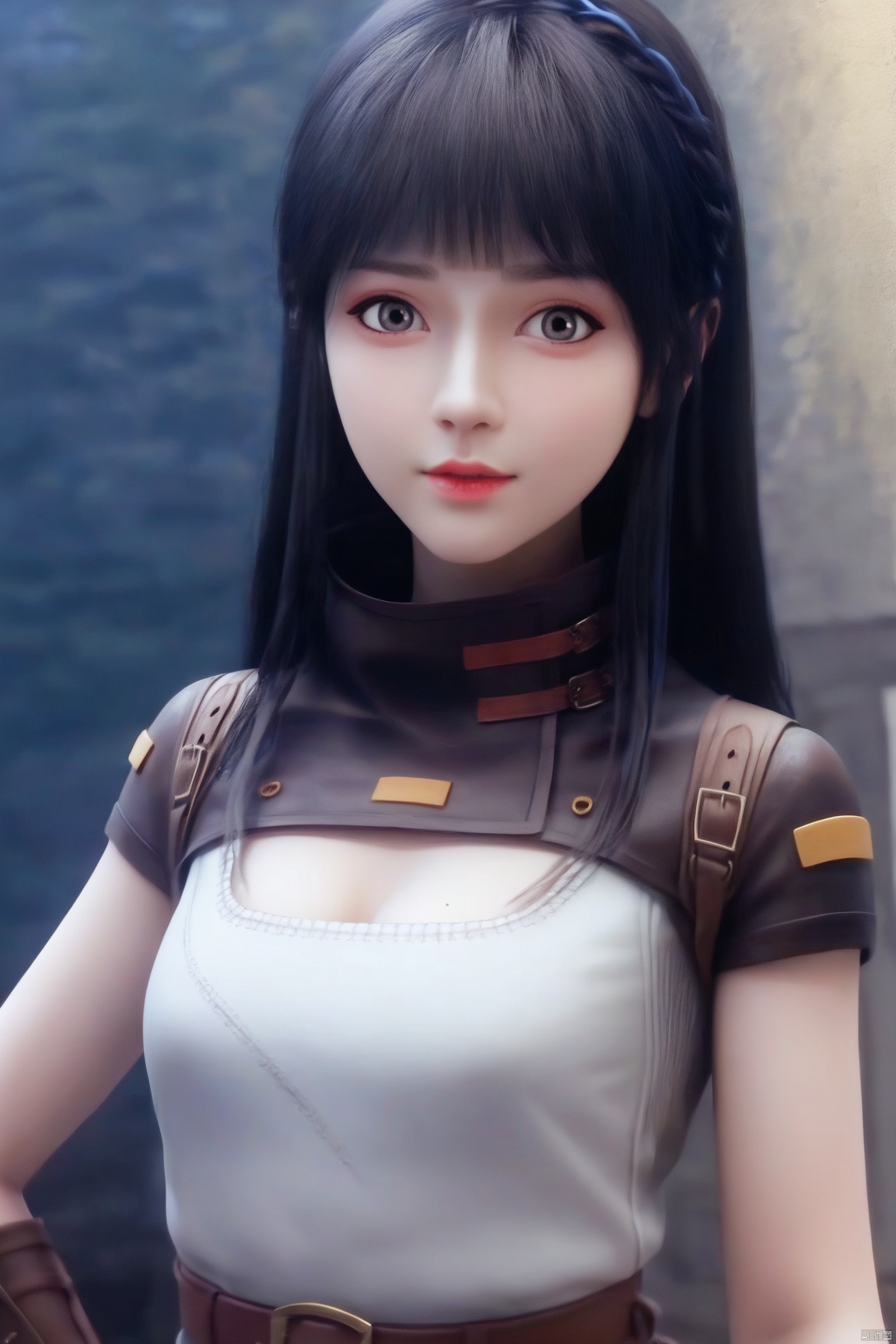 score_9_up,score_8_up,score_7_up,(Masterpiece, Best Quality, Photorealistic, High Resolution, 8K Raw), 
1girl, solo, long hair, looking at viewer,shirt, bangs, black hair, cleavage,upper body, blunt bangs, black eyes, lips, 
illustration,CG,pale skin,translucent,white skin,high detailed skin,(detailed skin:1.1),highly detailed,ultra-high resolution,32K UHD,sharp focus,best-quality,masterpiece,unconventional supreme masterpiece,masterful details,temperate atmosphere,with a high-end texture,in the style of fashion photography,Dynamic Angle,(Dynamic posture:1.1),OverallDetailXL,zPDXL3,GX_style,