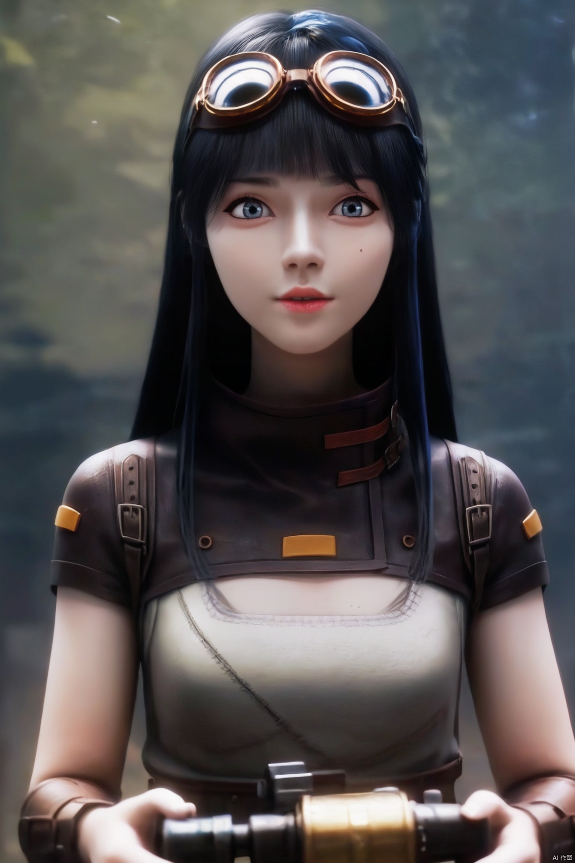 score_9_up,score_8_up,score_7_up,(Masterpiece, Best Quality, Photorealistic, High Resolution, 8K Raw), 
1girl, solo, long hair, looking at viewer, bangs, blue eyes, black hair, holding, upper body, blunt bangs, mole, lips, goggles, 