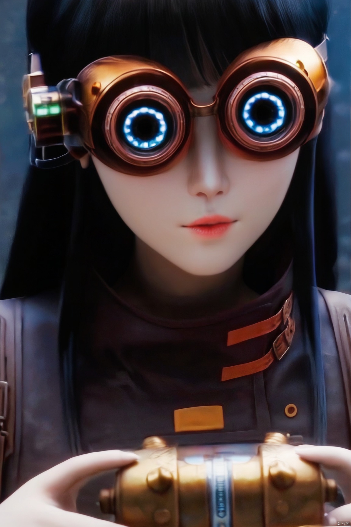 score_9_up,score_8_up,score_7_up,(Masterpiece, Best Quality, Photorealistic, High Resolution, 8K Raw), 
1girl, solo, long hair, looking at viewer, bangs, blue eyes, black hair, holding, upper body, blunt bangs, mole, lips, goggles, 