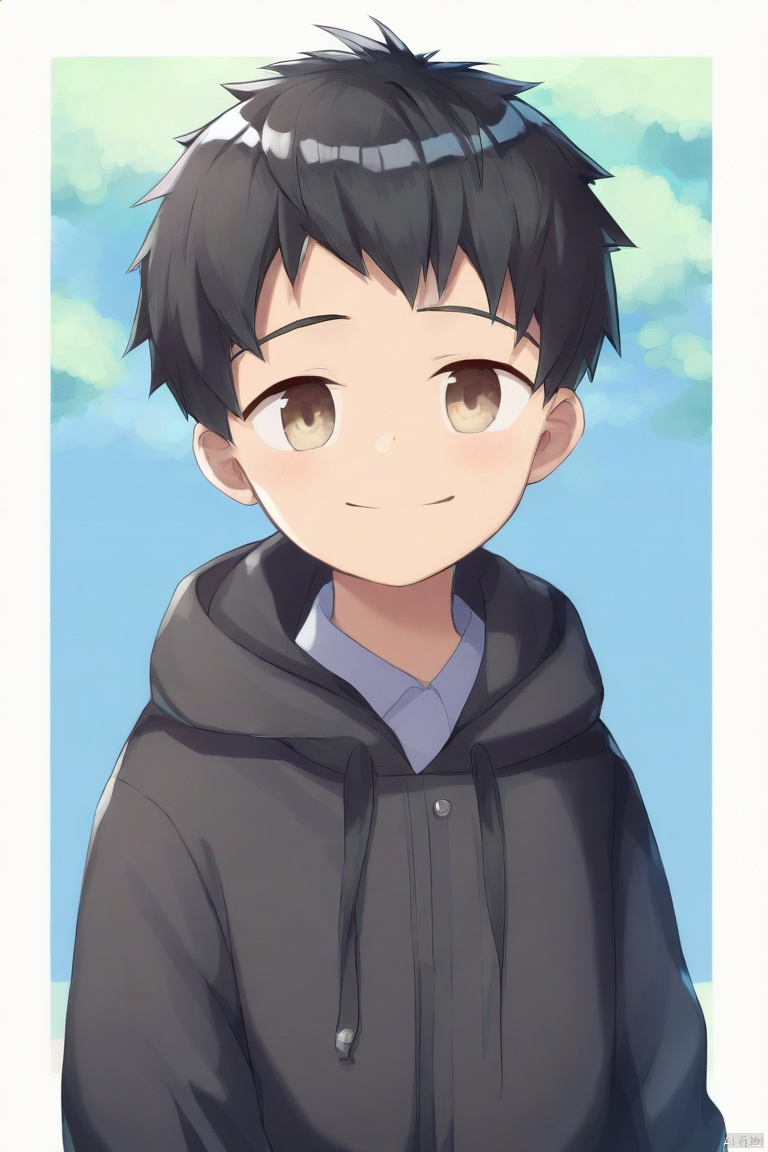 rukiruki-style,1boy,black hair,black jacket,border,child,drawstring,hood,hood down,hooded jacket,jacket,male focus,outside border,short hair,smile,solo,upper body,white border (masterpiece,best quality),