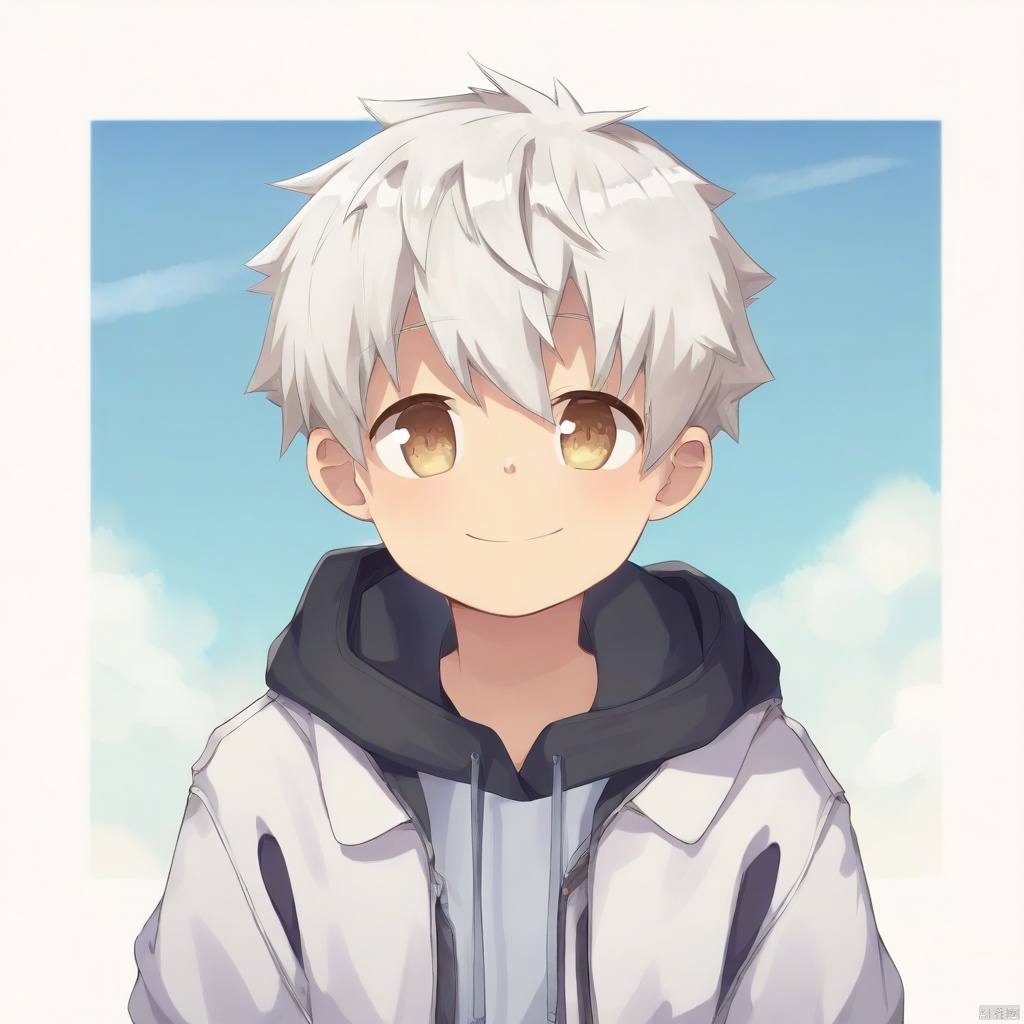 rukiruki-style,1boy,white hair,white jacket,border,child,drawstring,hood,hood down,hooded jacket,jacket,male focus,outside border,short hair,smile,solo,upper body,white border (masterpiece,best quality)
