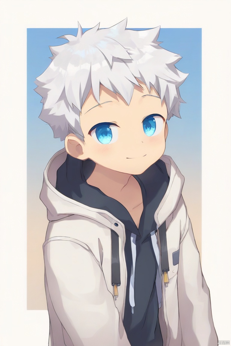 rukiruki-style,1boy,white hair,white jacket,border,child,drawstring,hood,hood down,hooded jacket,jacket,male focus,outside border,short hair,smile,solo,upper body,white border (masterpiece,best quality)