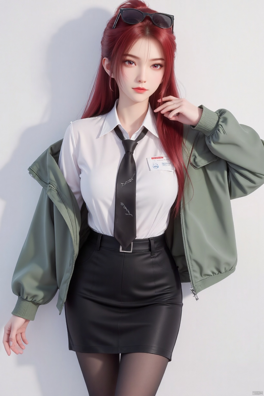 1girl, bangs, black_legwear, black_skirt, blush, breasts, cowboy_shot, eyebrows_visible_through_hair, eyewear_on_head, hair_between_eyes, id_card, jacket, large_breasts, long_hair, long_sleeves, looking_at_viewer, necktie, pantyhose, parted_lips, pencil_skirt, purple_eyes, red_hair, shirt, skirt, solo, sunglasses, very_long_hair, white_shirt