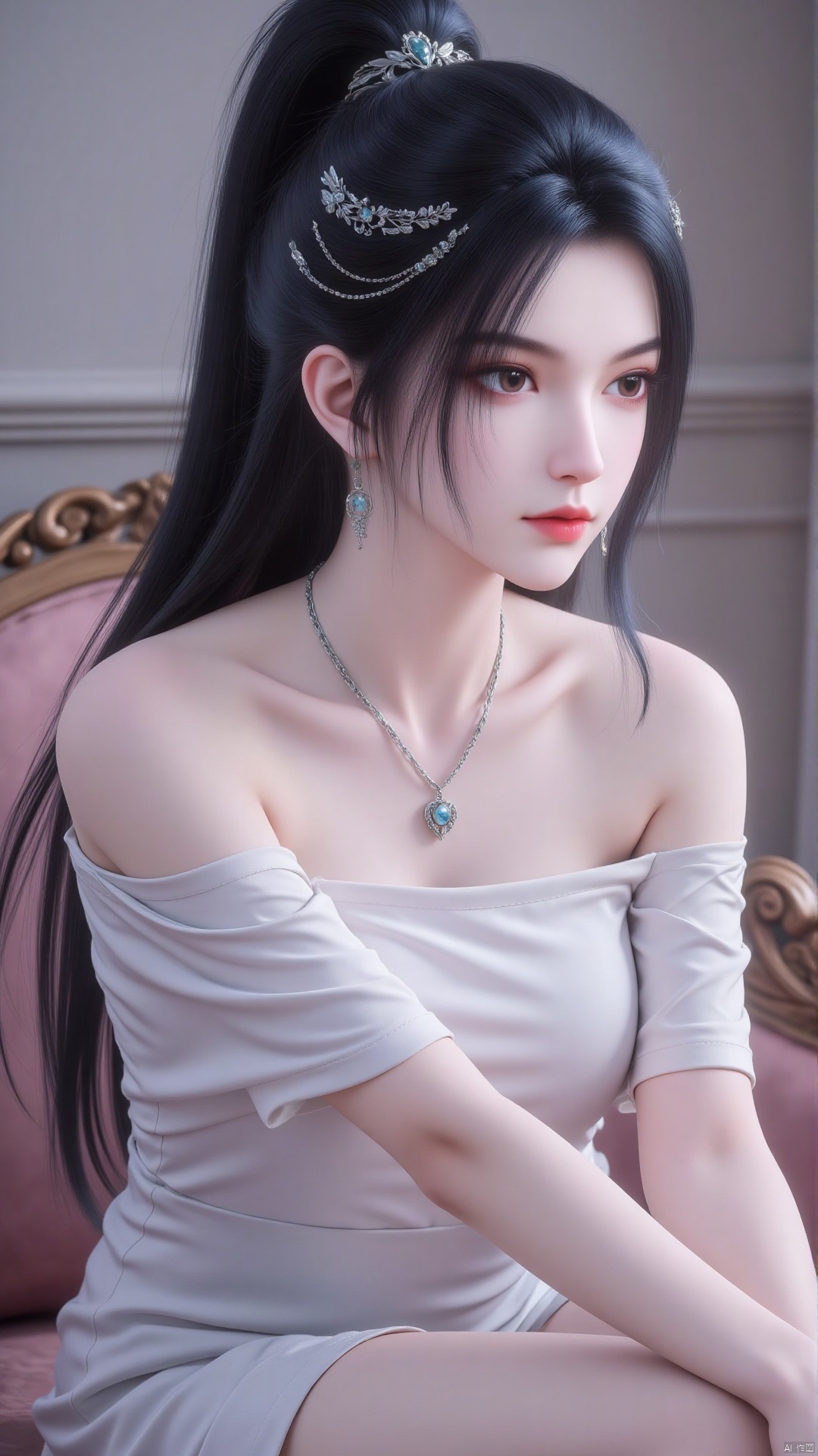 1girl, solo, long hair, black hair, hair ornament, dress, bare shoulders, jewelry, sitting, closed mouth, upper body, ponytail, earrings, indoors, necklace, white dress, looking to the side, looking away, couch