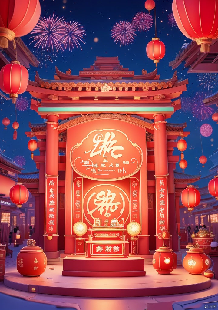 shenian,Lnianhuo,E-commerce booth,ornamental,Lnianhuo Chinese New Year night sky with a lot of fireworks blooming and flying in the background there is an ancient Chinese building the building is red and blue and yellow lights the building is dotted with red Chinese lanterns shot at eye level the Chinese building mounted in front of an e-commerce showcase the showcase is decorated with a bunch of household appliances used for display there are small pink appliances in the middle of the stage hanging Chinese lanterns adding a touch of color to the scene! color. Each one has a unique design. The whole building has a dark blue sky as the background dotted with white fireworks E-commerce booth,