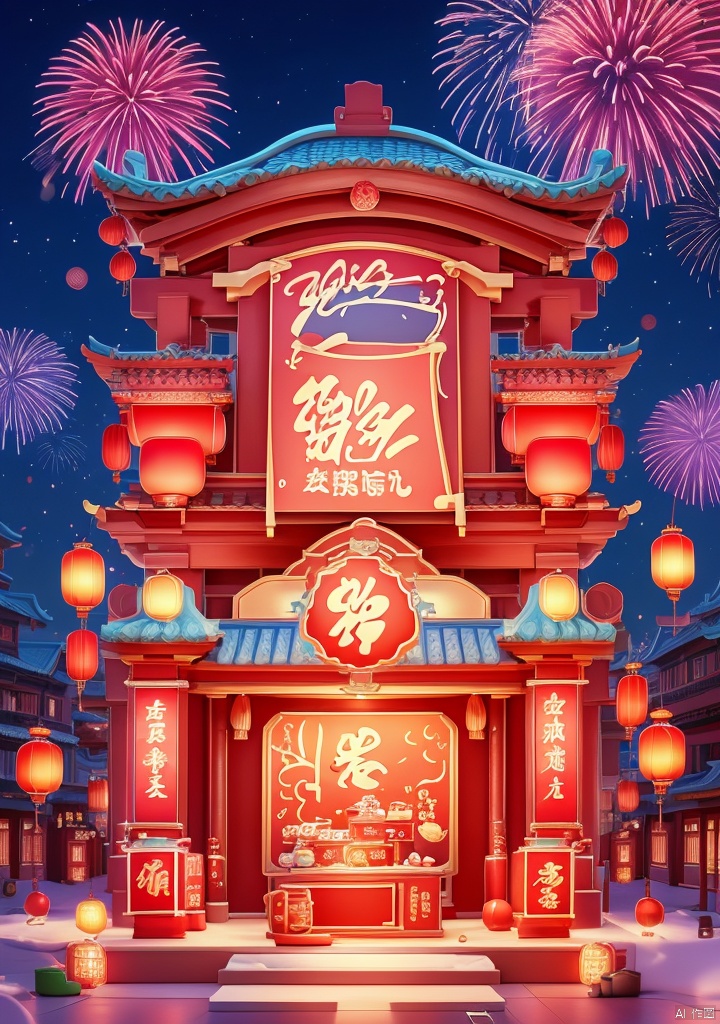 xiqing,E-commerce booth,ornamental,Lnianhuo Chinese New Year night sky with a lot of fireworks blooming and flying in the background there is an ancient Chinese building the building is red and blue and yellow lights the building is dotted with red Chinese lanterns shot at eye level the Chinese building mounted in front of an e-commerce showcase the showcase is decorated with a bunch of household appliances used for display there are small pink appliances in the middle of the stage hanging Chinese lanterns adding a touch of color to the scene! color. Each one has a unique design. The whole building has a dark blue sky as the background dotted with white fireworks E-commerce booth,