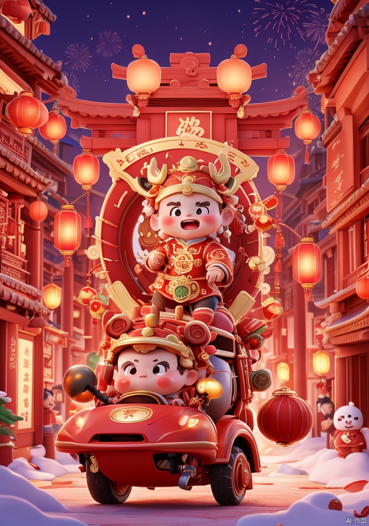 xiqing,A 3D animation depicting a festive Chinese New Year scene. In the foreground,one children in traditional red clothing,running happily,He was holding a large box in his hand,filled with gifts,and behind them is a big red traditional Chinese archway with lanterns and large golden characters for "Fu". In the background,other characters,including adults and children,are dressed in festive costumes and setting off fireworks to celebrate the arrival of the Spring Festival. The sky is lit up by colorful fireworks in pink and purple hues,and the whole scene is filled with a joyful and festive atmosphere .,