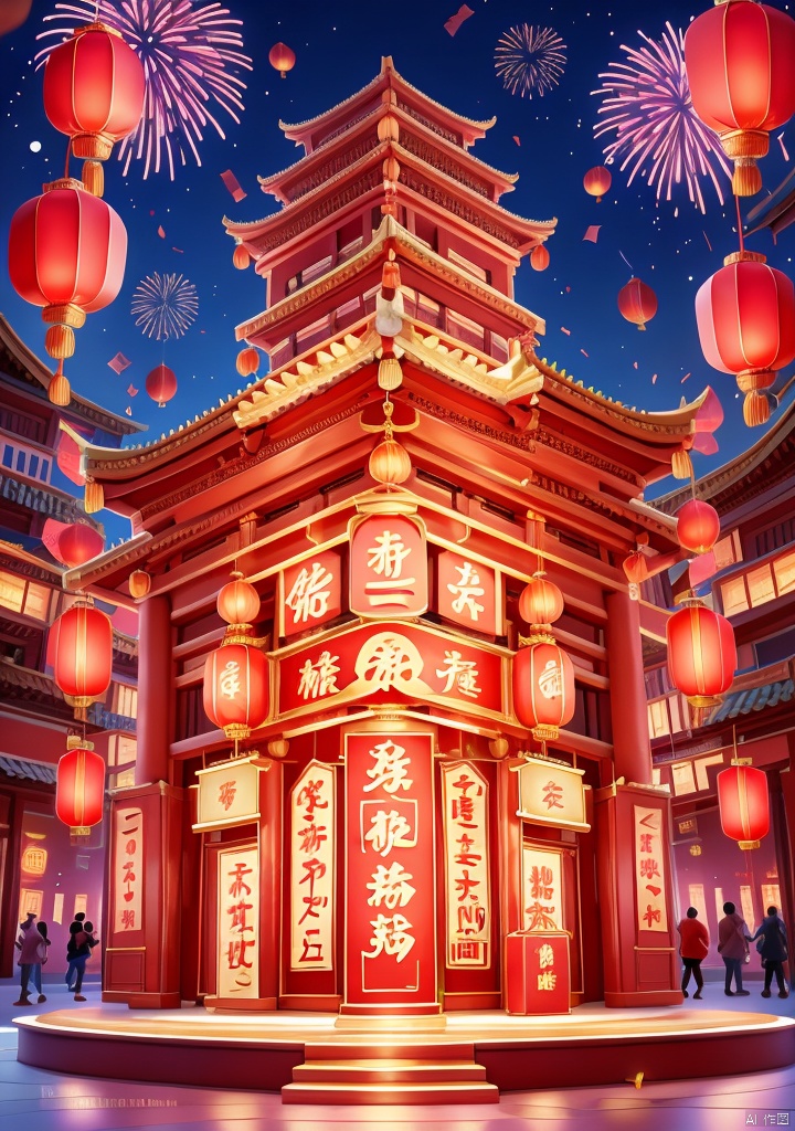 shenian,Lnianhuo,E-commerce booth,ornamental,Lnianhuo Chinese New Year night sky with a lot of fireworks blooming and flying in the background there is an ancient Chinese building the building is red and blue and yellow lights the building is dotted with red Chinese lanterns shot at eye level the Chinese building mounted in front of an e-commerce showcase the showcase is decorated with a bunch of household appliances used for display there are small pink appliances in the middle of the stage hanging Chinese lanterns adding a touch of color to the scene! color. Each one has a unique design. The whole building has a dark blue sky as the background dotted with white fireworks E-commerce booth,