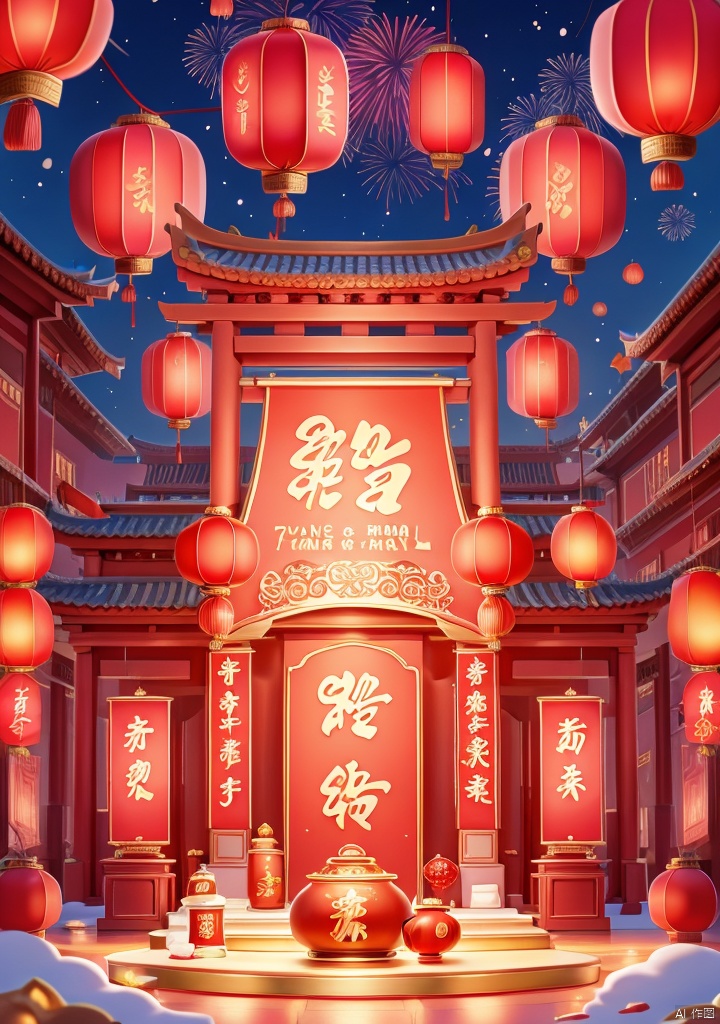 shenian,Lnianhuo,E-commerce booth,ornamental,Lnianhuo Chinese New Year night sky with a lot of fireworks blooming and flying in the background there is an ancient Chinese building the building is red and blue and yellow lights the building is dotted with red Chinese lanterns shot at eye level the Chinese building mounted in front of an e-commerce showcase the showcase is decorated with a bunch of household appliances used for display there are small pink appliances in the middle of the stage hanging Chinese lanterns adding a touch of color to the scene! color. Each one has a unique design. The whole building has a dark blue sky as the background dotted with white fireworks E-commerce booth,