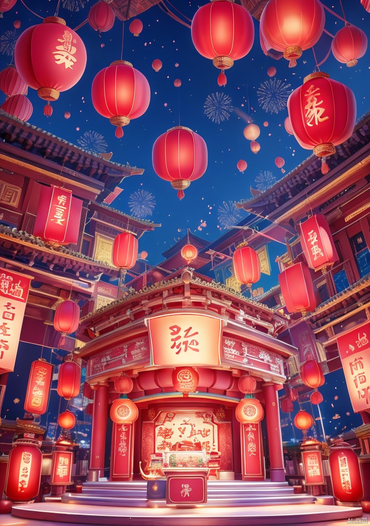 shenian,Lnianhuo,E-commerce booth,ornamental,Lnianhuo Chinese New Year night sky with a lot of fireworks blooming and flying in the background there is an ancient Chinese building the building is red and blue and yellow lights the building is dotted with red Chinese lanterns shot at eye level the Chinese building mounted in front of an e-commerce showcase the showcase is decorated with a bunch of household appliances used for display there are small pink appliances in the middle of the stage hanging Chinese lanterns adding a touch of color to the scene! color. Each one has a unique design. The whole building has a dark blue sky as the background dotted with white fireworks E-commerce booth,