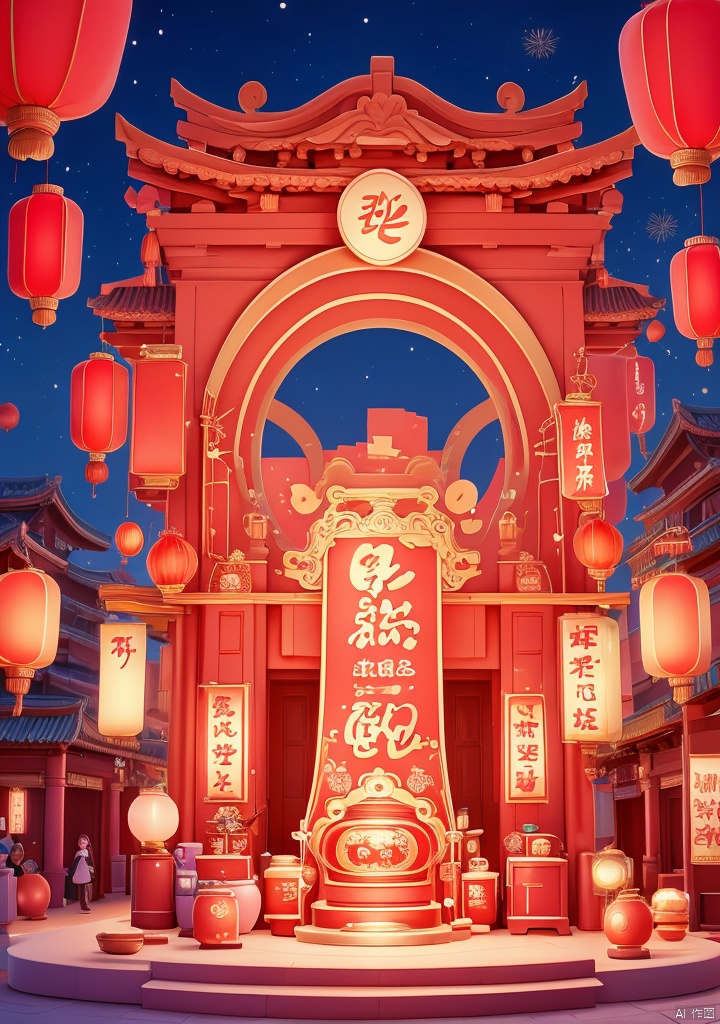 xiqing,E-commerce booth,ornamental,Lnianhuo Chinese New Year night sky with a lot of fireworks blooming and flying in the background there is an ancient Chinese building the building is red and blue and yellow lights the building is dotted with red Chinese lanterns shot at eye level the Chinese building mounted in front of an e-commerce showcase the showcase is decorated with a bunch of household appliances used for display there are small pink appliances in the middle of the stage hanging Chinese lanterns adding a touch of color to the scene! color. Each one has a unique design. The whole building has a dark blue sky as the background dotted with white fireworks E-commerce booth,